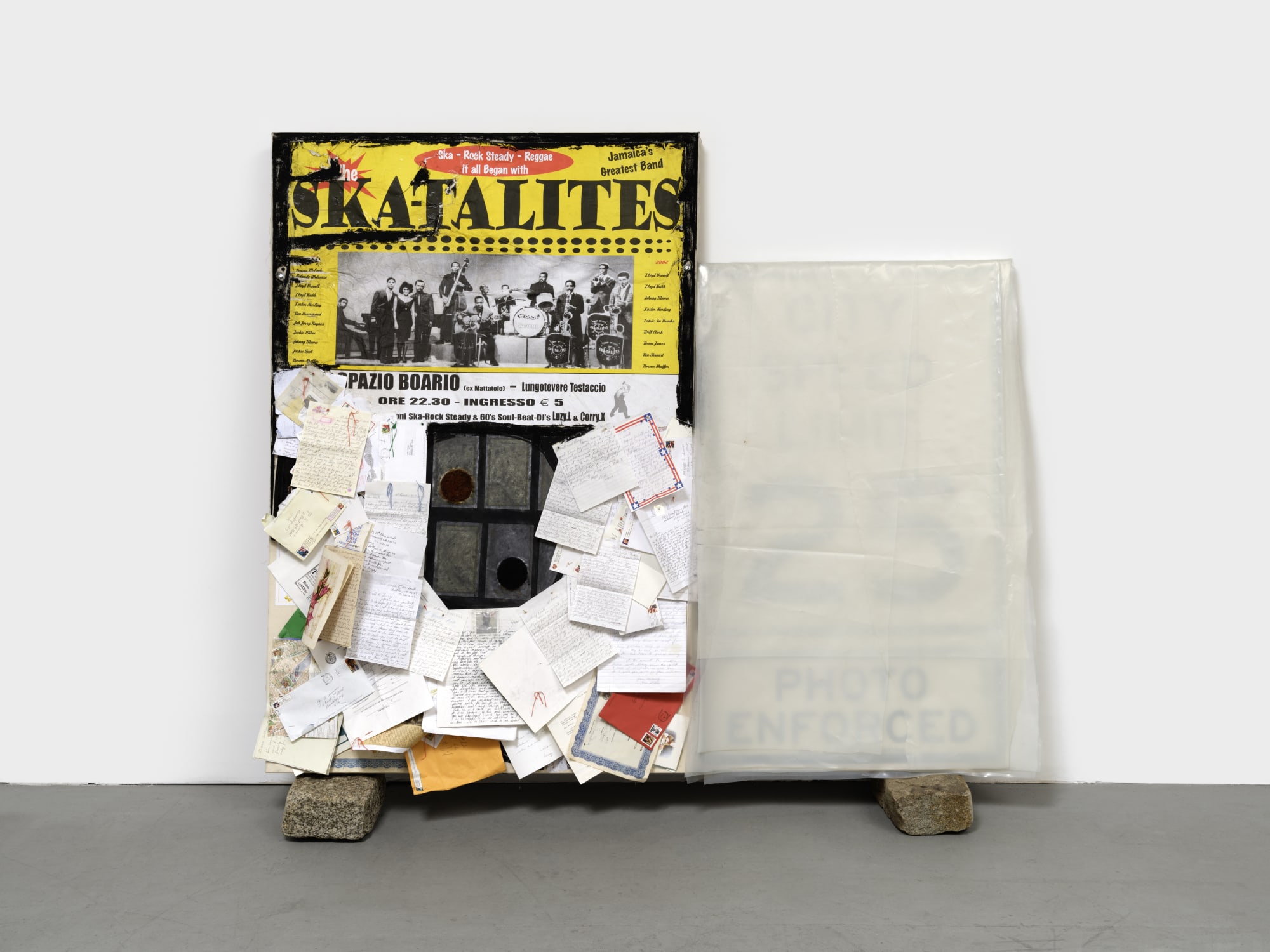 Arthur Simms Icema, Make a Joyful Noise and be Just, 2016 Artist’s hair, Lucy Fradkin’s hair, paper, wire, earth, pen, pencil, markers, screws, tape, plastic, metal, wood, canvas, thread, road sign, poster, and stones 62 x 73 x 9 in 157.5 x 185.4 x 22.9 cm