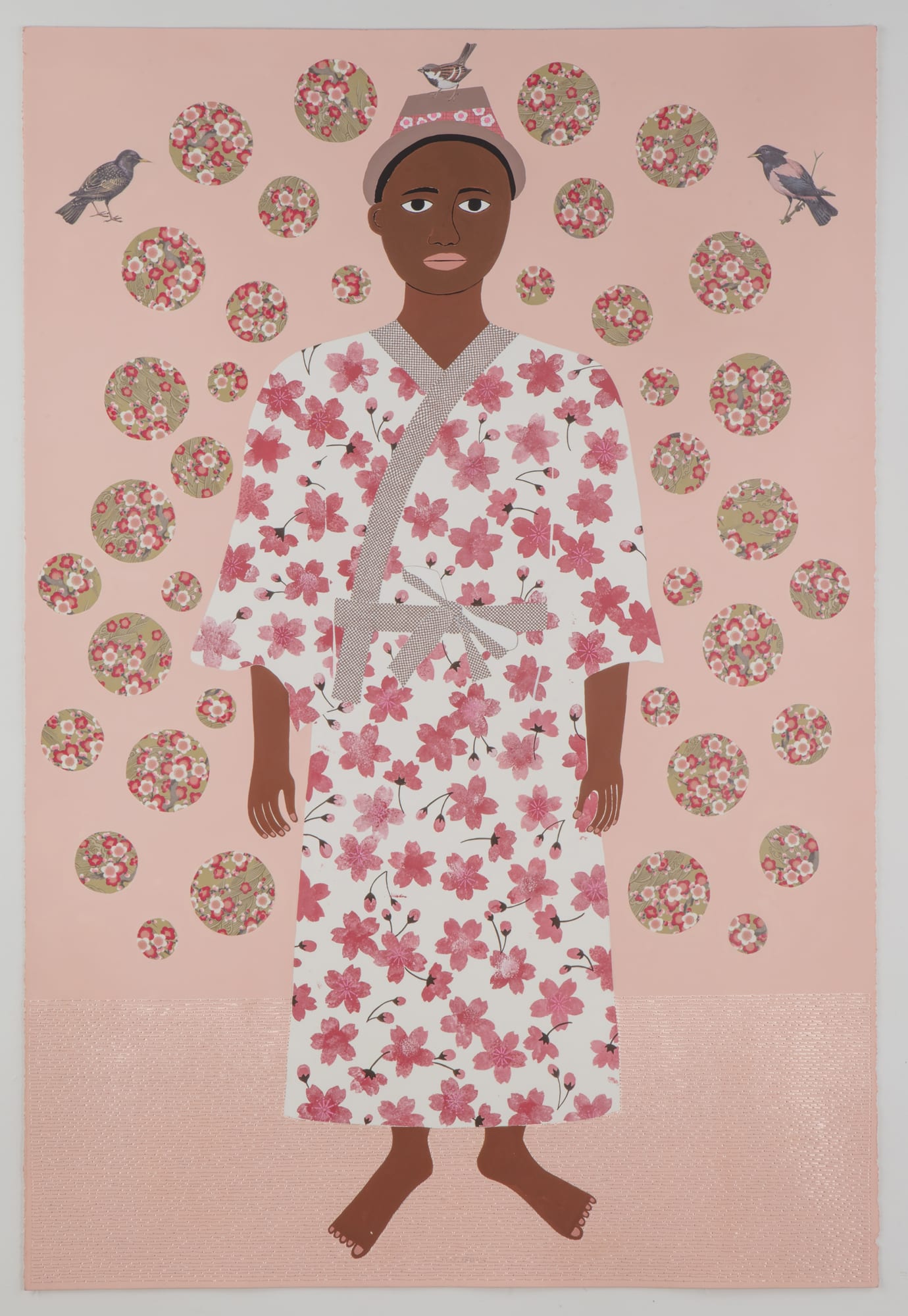 Lucy Fradkin Arthur Goes To Kyoto, 2018 Acrylic gouache, pochoir, collage, pencil on paper with metallic thread 44 1/8 x 30 in 112.1 x 76.2 cm