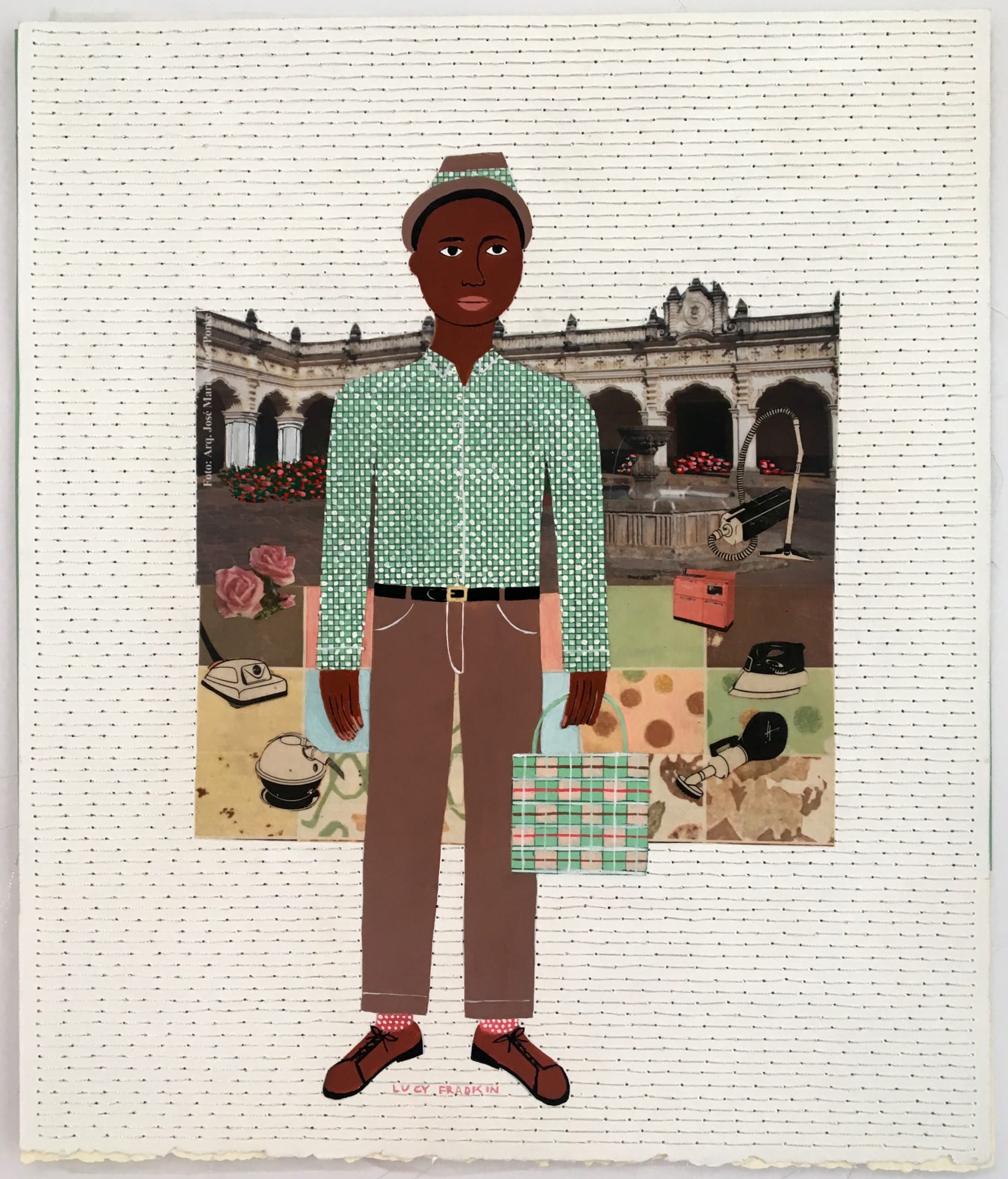 Lucy Fradkin Arthur Goes To Antigua, 2019 Acrylic gouache, collage, pencil on paper with metallic thread 12 1/4 x 10 3/8 in 31.1 x 26.4 cm