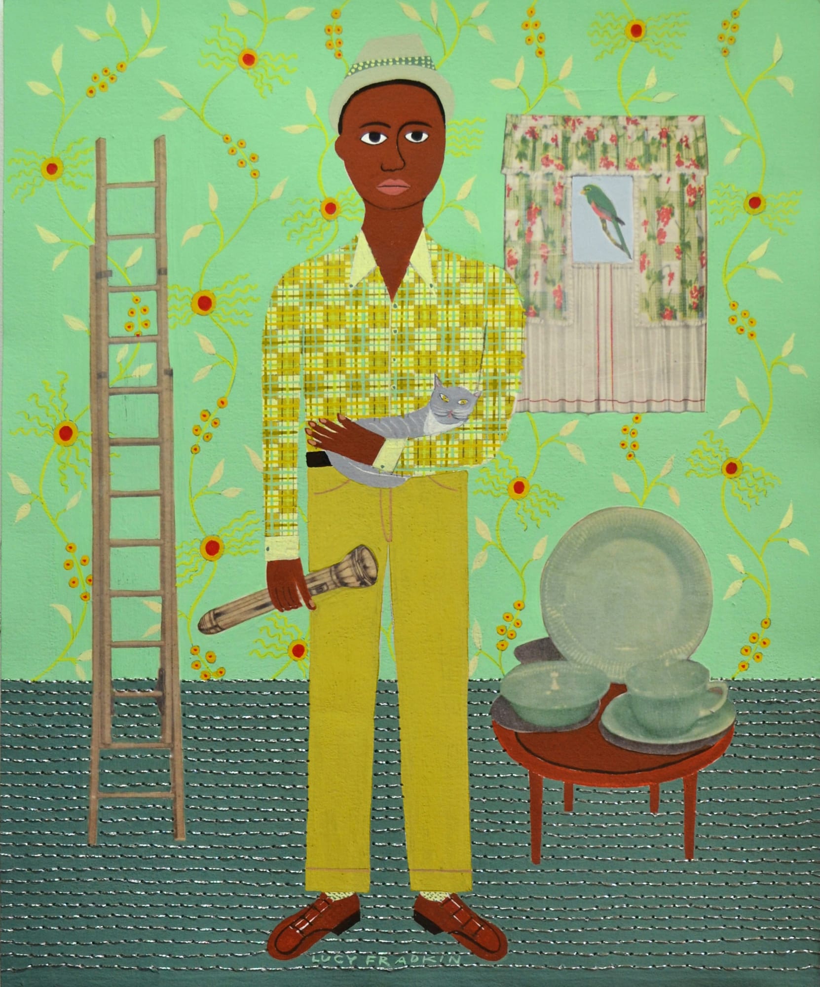 Lucy Fradkin Arthur and Lacey, 2013 Acrylic gouache, collage, pencil on paper with metallic thread 11 x 9 in 27.9 x 22.9 cm