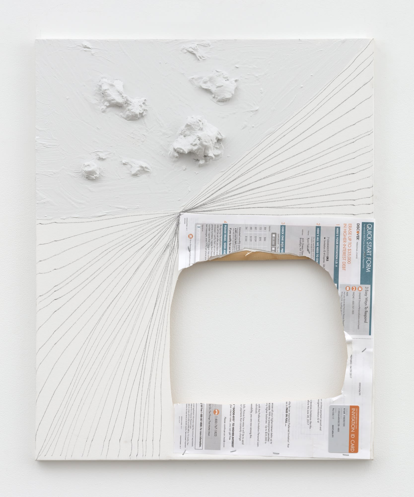 Discover, 2014 Acrylic paint, pencil, paper, staples, and plastic on canvas 30 x 24 in 76.2 x 61 cm (FR_22_173)