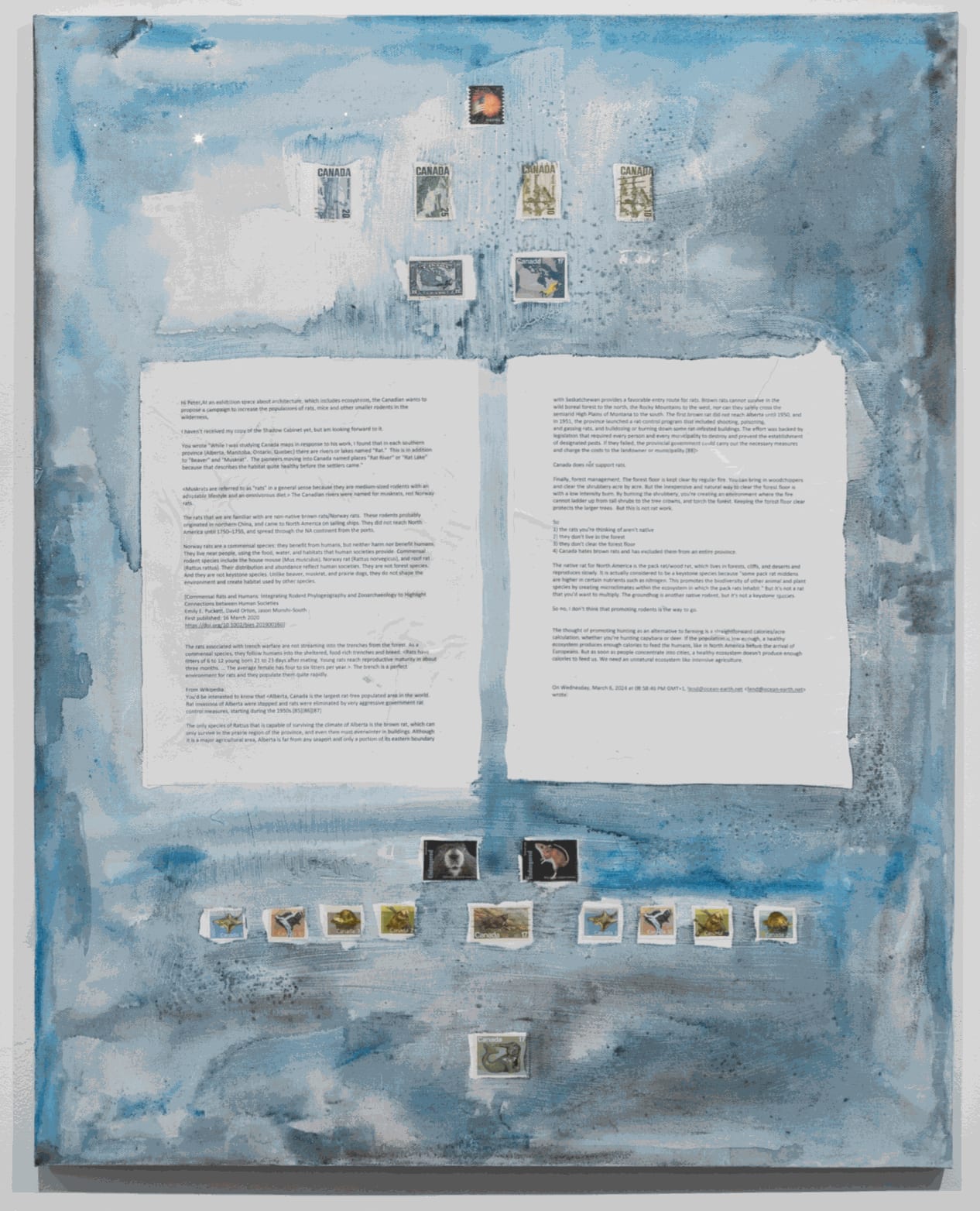 First Response To Us From Alice Outwater, With Postage Stamp Response, 2024 24x30 inches