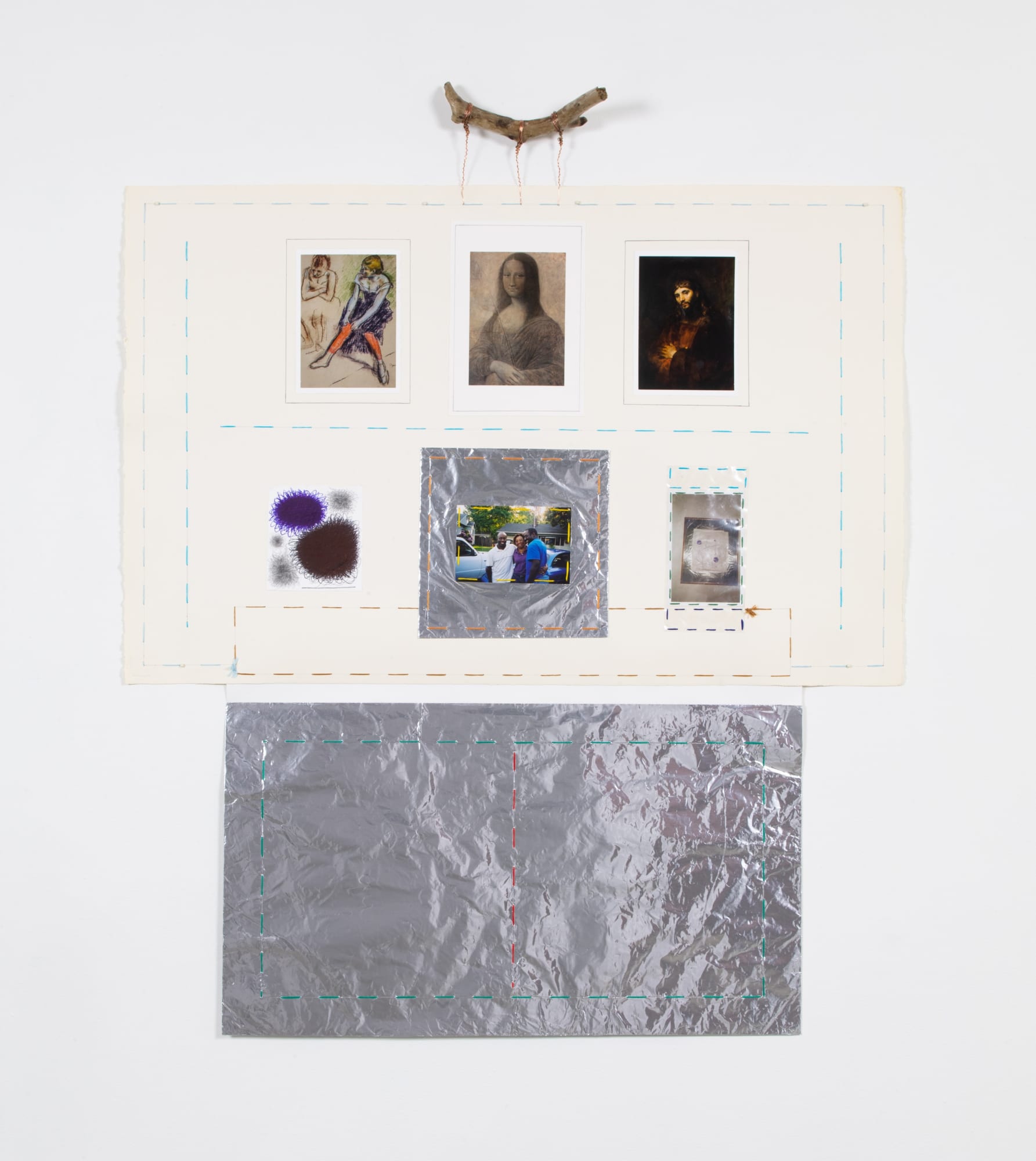 And I Say, Brother Had A Very Good Day, One Halo, 2021 Wood, wire, postcards, thread, pencil, tin foil, photograph, pen, paper, and glue 49 1/2 x 41 x 4 in 125.7 x 104.1 x 10.2 cm