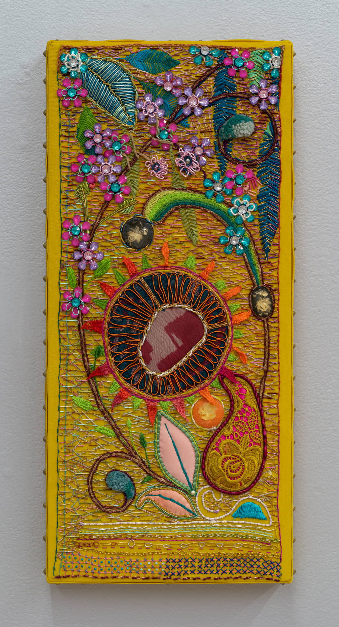 Joel Otterson SAMPLING IN AN OLD STYLE, 2015 Wool, leather, lace, silk, velvet, brass, plastic, thread, metallic purl and bullion 20 x 9 1/4 x 2 1/4 inches