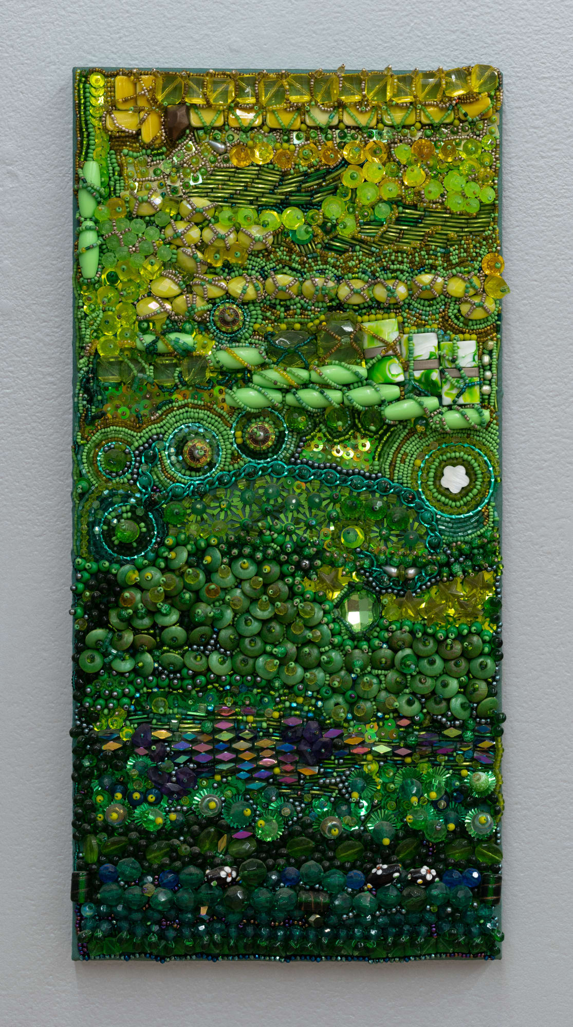 Joel Otterson SONATA GREEN, 2014 Silk fabric with various, glass, plastic, metal, wood beads sewn 19 1/2 x 10 x 2 inches