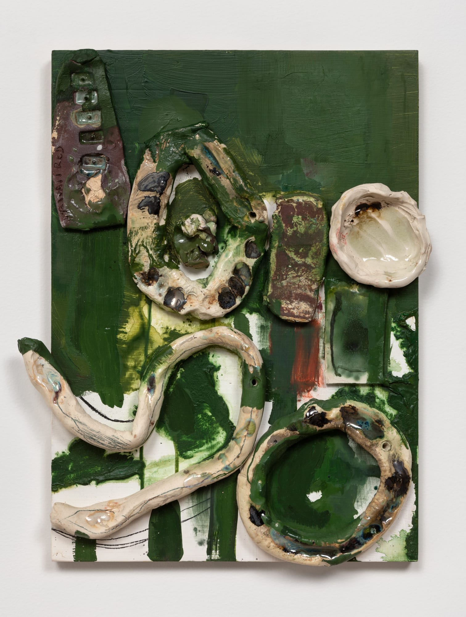 1851 Maine Ave., 2019 glazed ceramic, acrylic, oil, pencil on wood 20 x 14 1/2 x 2 inches