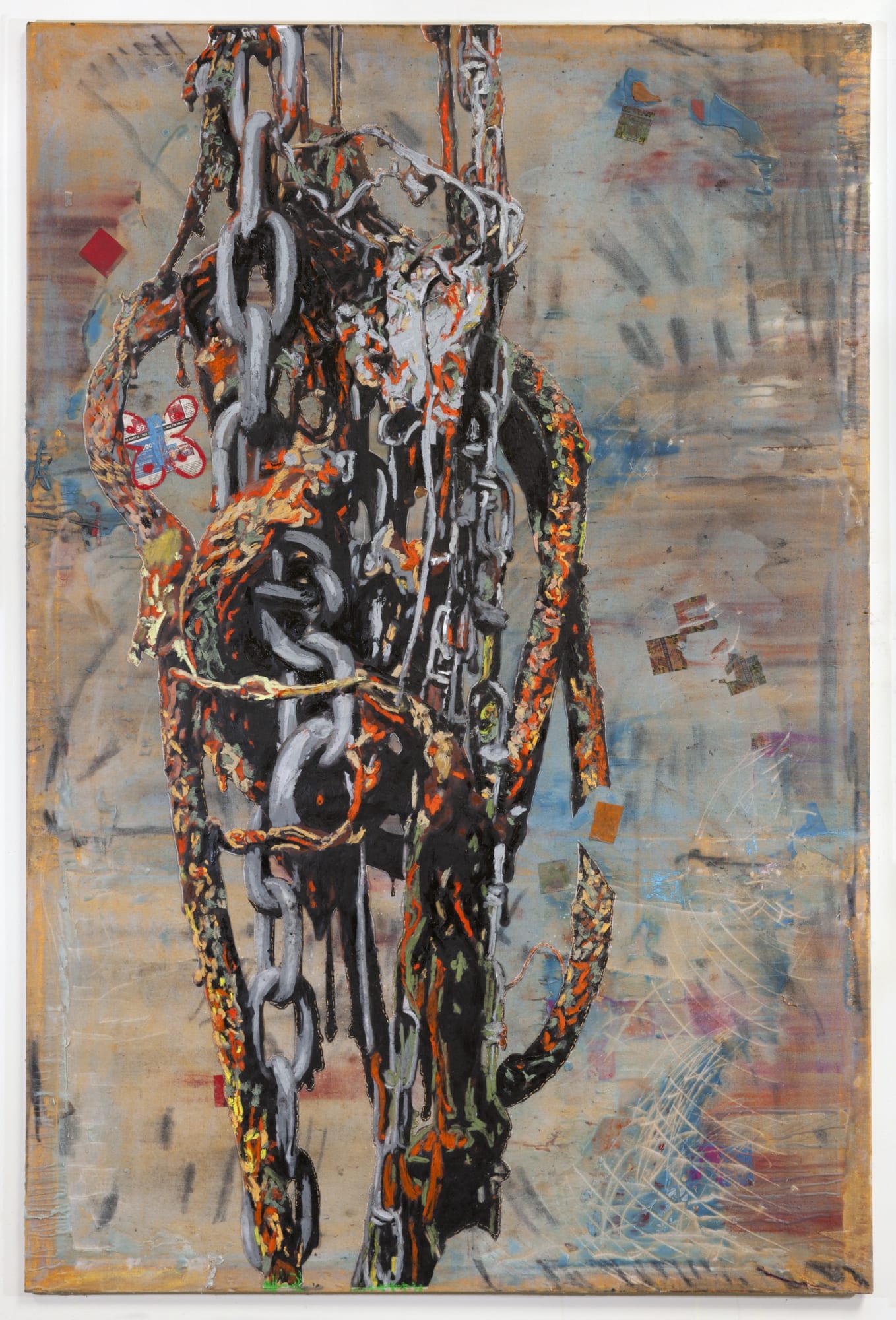 JPW3 Chainge, 2018 Oil pastel on paper and wax and thread on canvas 72 x 48 in 182.9 x 121.9 cm