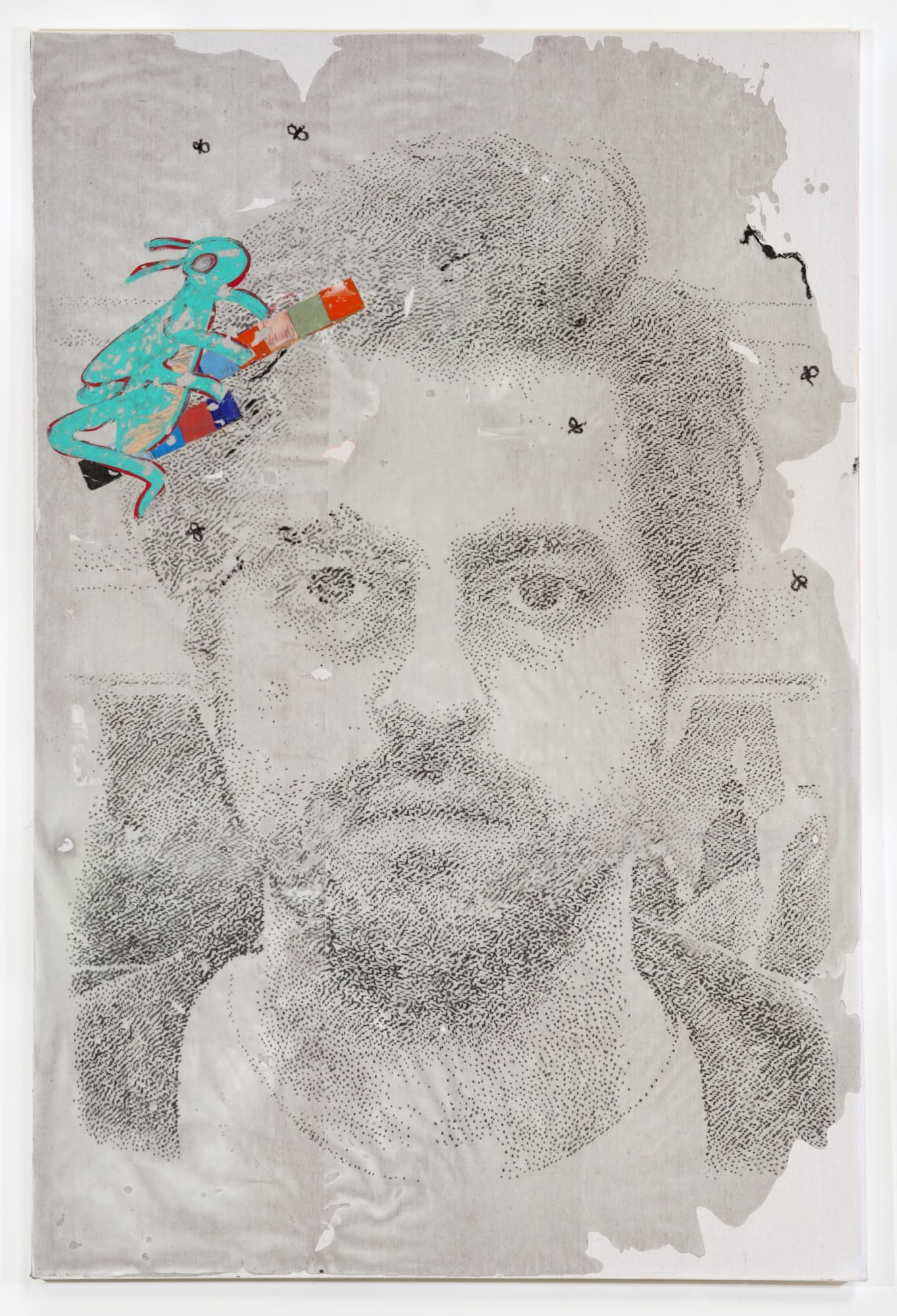 JPW3 self portrait with grasshopper, 2018 Charcoal, oil pastel, and wax on canvas 72 x 48 in 182.9 x 121.9 cm