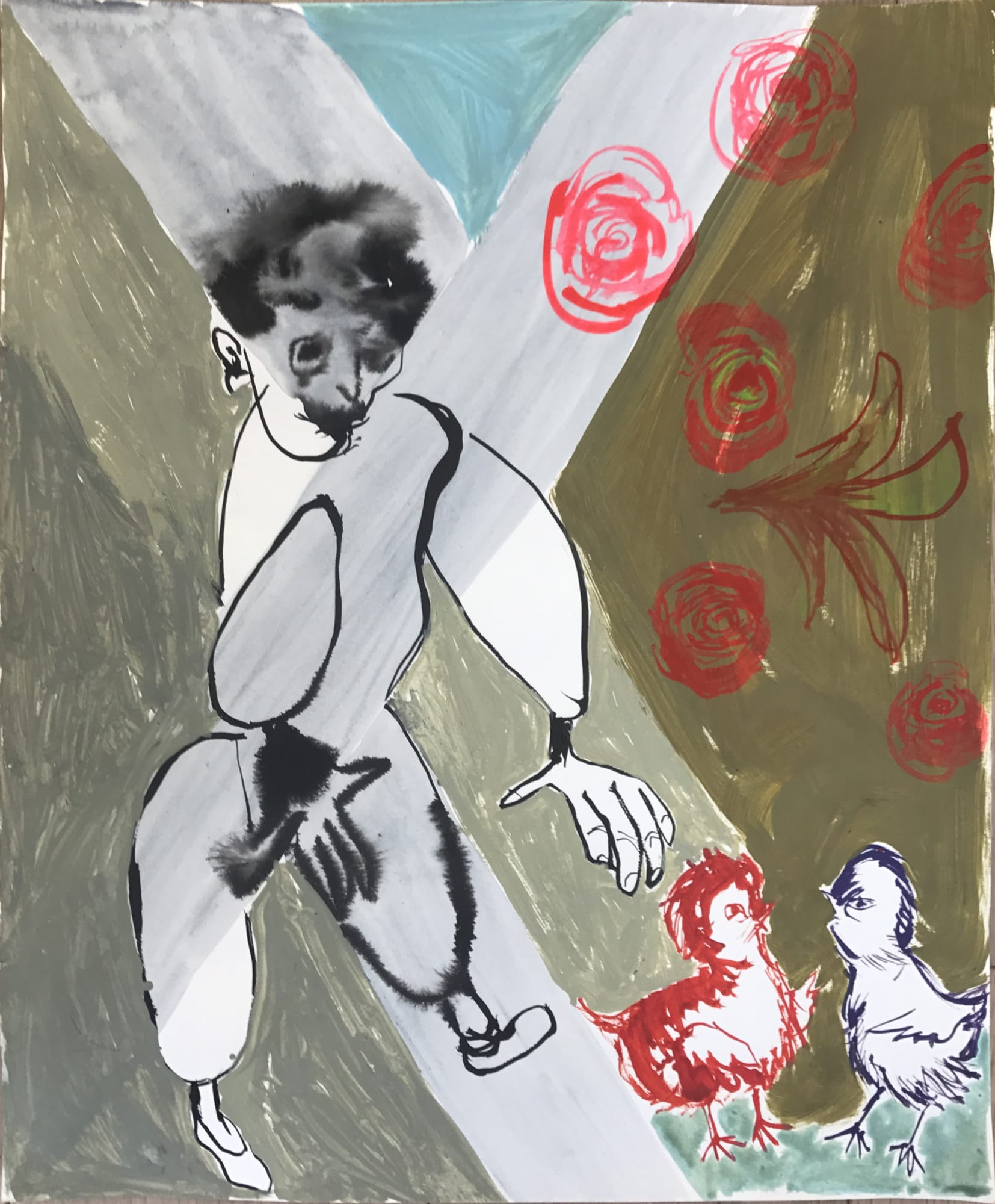 Sofi Brazzeal Untitled (figure with birds and roses), 2017 ink and acrylic on paper 17 x 14 inches