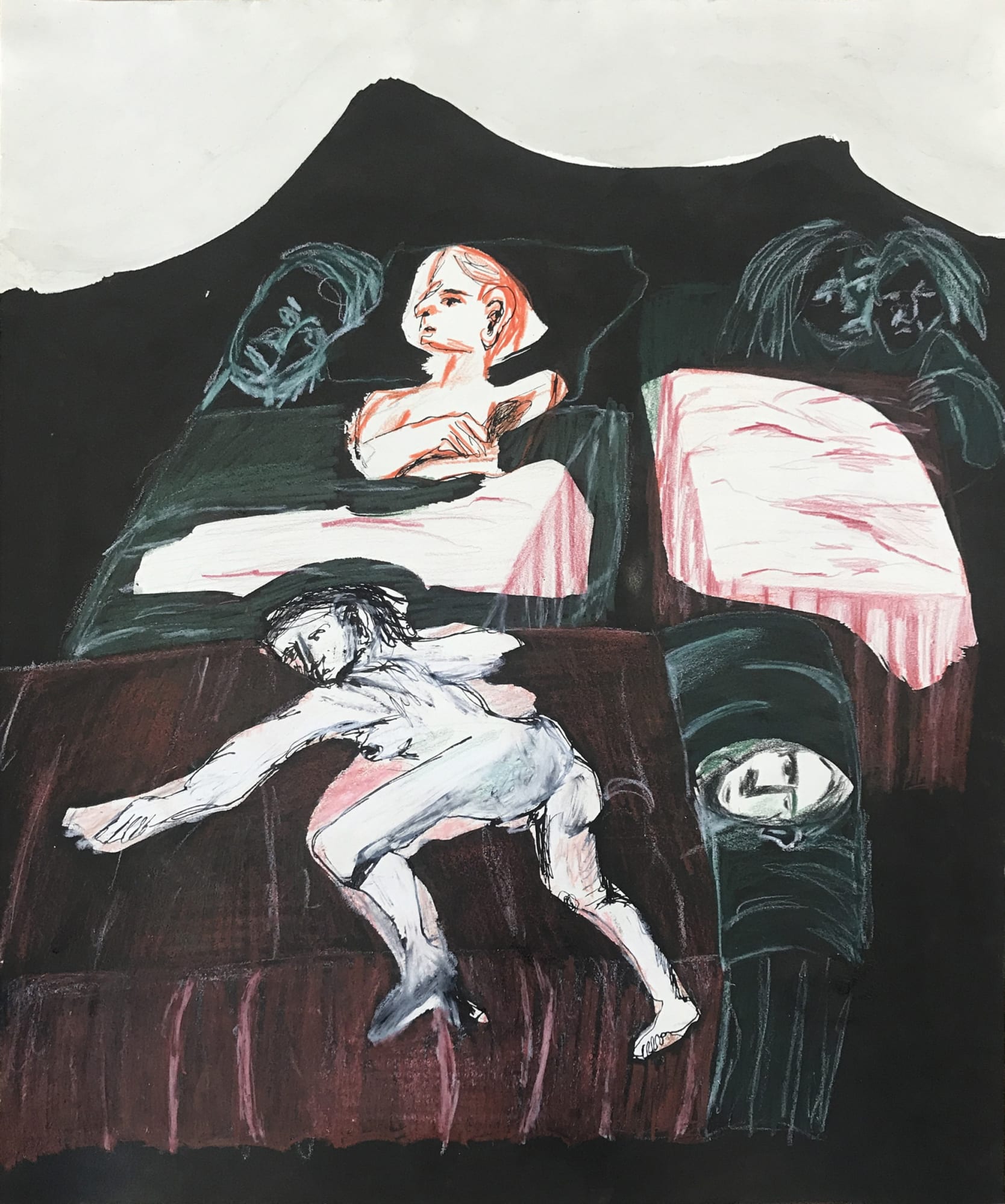Sofi Brazzeal Untitled (figures on beds), 2016 ink, color pencil and oil pastel on paper 17 x 14 inches