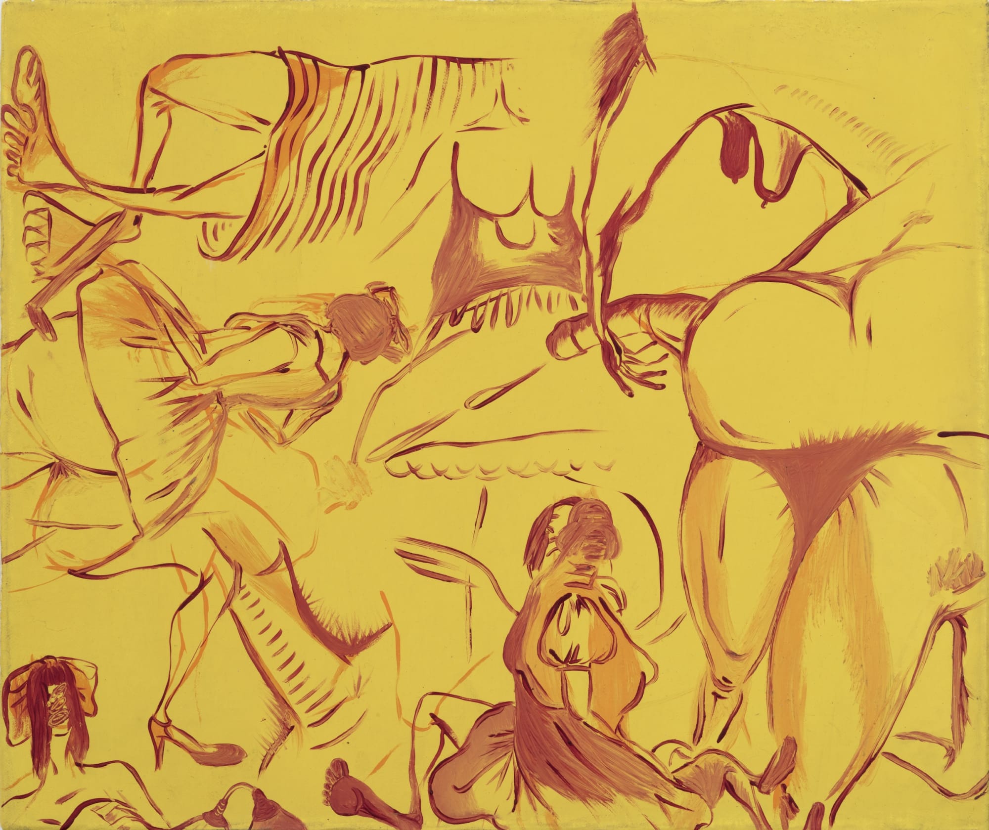 Sue Williams The Relatives in Yellow, c. 1997 oil on canvas 15 x 17 1/4 inches