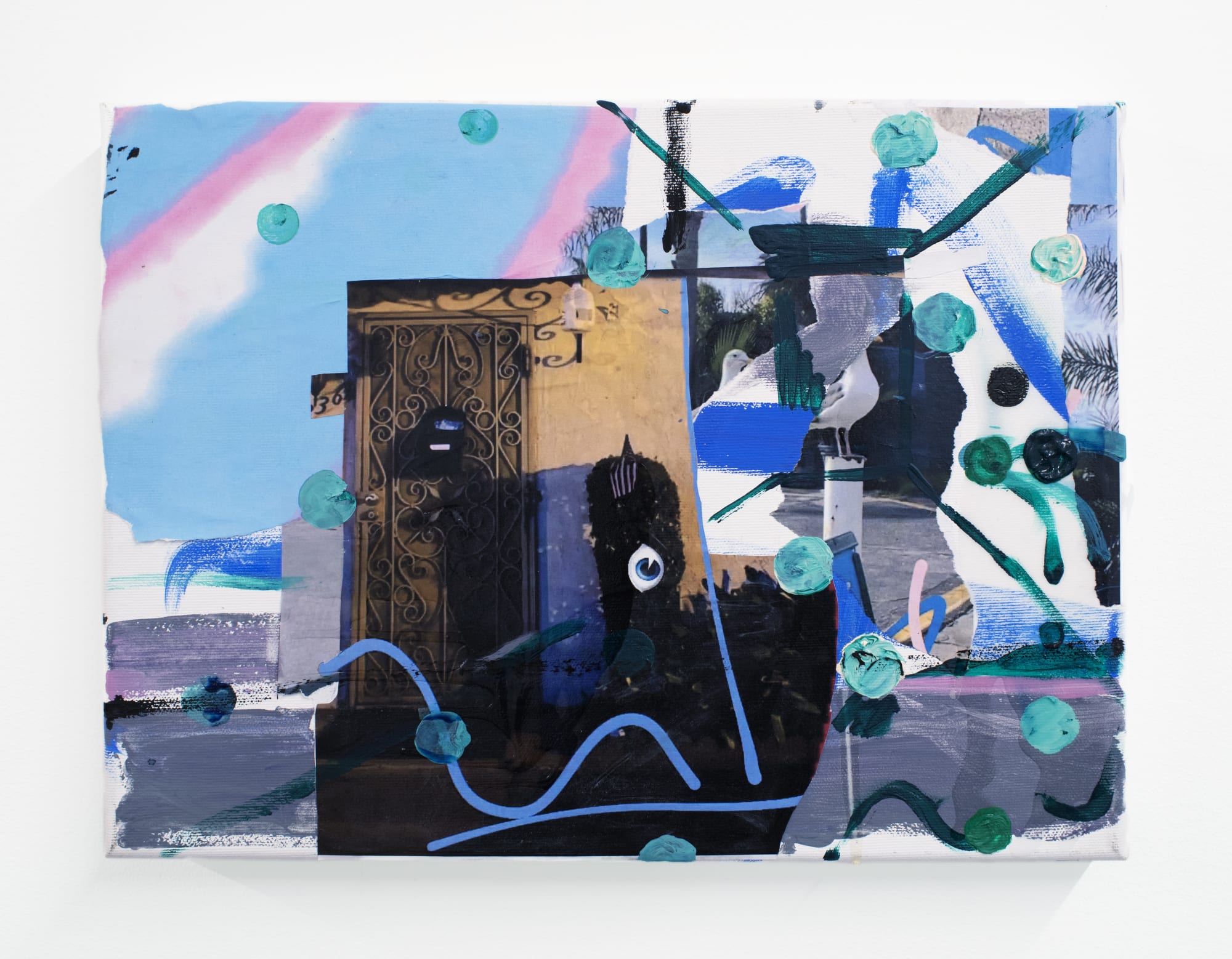 Sarah Szczesny Devil May Bird, 2022 Gouache, vinyl paint, ink, laser print, and resin on canvas 15 3/4 x 11 3/4 in 29.8 x 40 cm