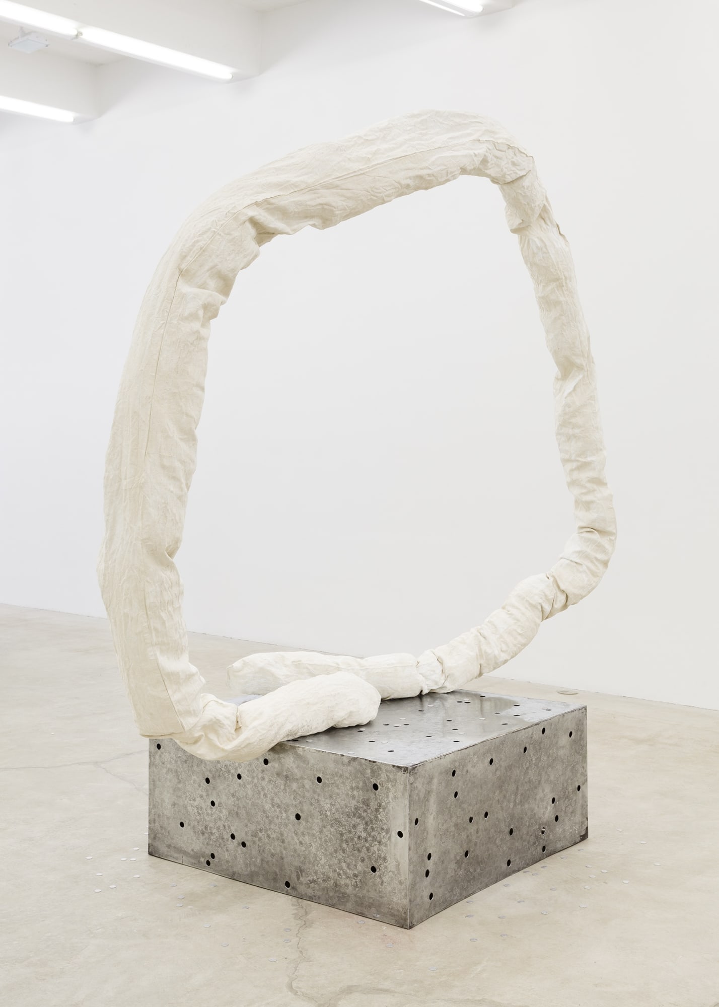 Jory Rabinovitz Tranz-Yoni, 2014 Zinc White pigmented fabric, gallery trash, melted and un-melted zinc pennies 81 x 44 x 103 inches
