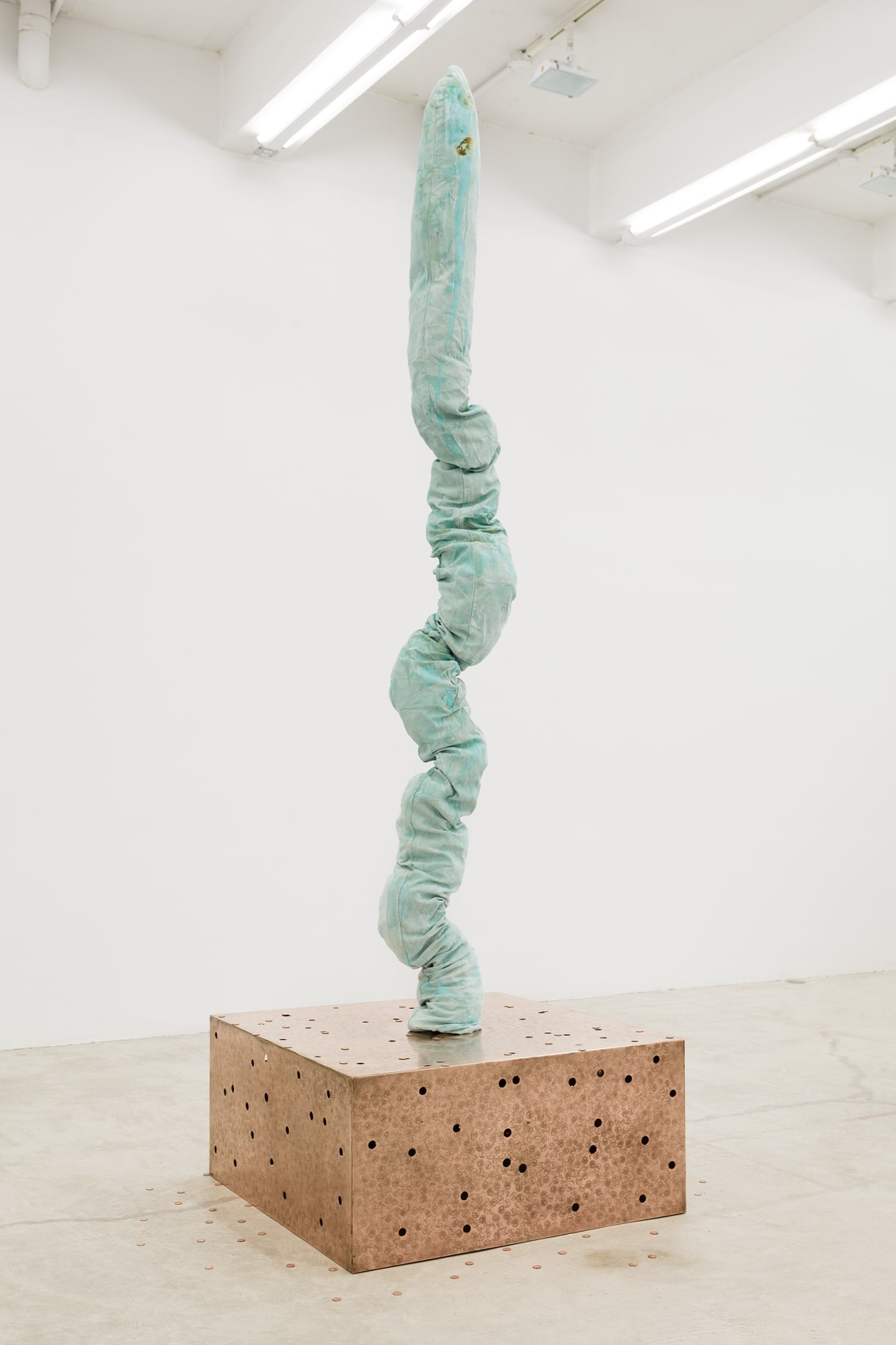 Jory Rabinovitz Tranz-Lingam, 2014 Verdigris Green pigmented fabric, studio trash, melted and un-melted copper pennies 114 x 36 x 34 inches