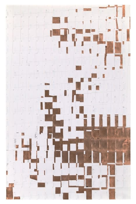 Agnes Lux #L-3, 2013 postcards, graphite, copper 88.2 x 56 inches