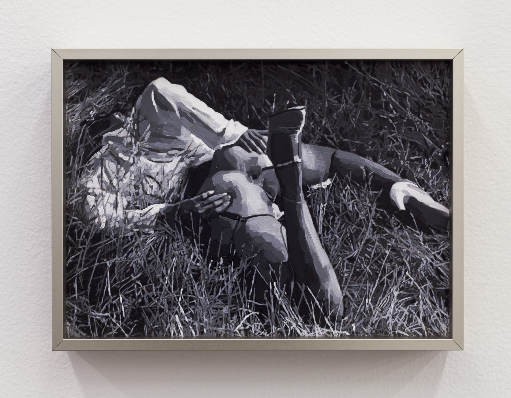 Aura Rosenberg Untitled (Woman on her stomach in the Grass, B/W), 2012 inkjet print, acrylic paint 5 3/4 x 7 3/4 inches