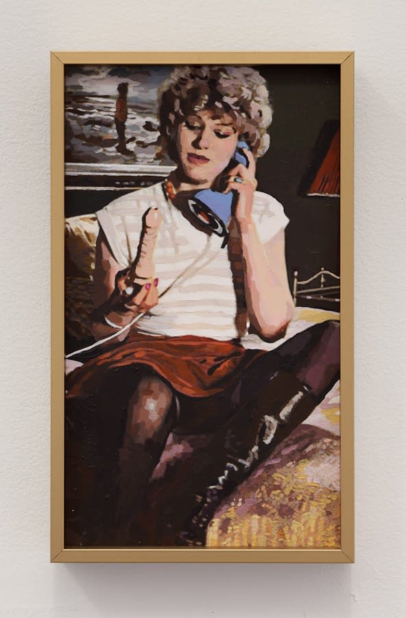 Aura Rosenberg Untitled (woman with blue phone and dildo), 2012 inkjet print, acrylic paint 8 1/2 x 5 x 1 1/4 in 21.6 x 12.7 x 3.2 cm