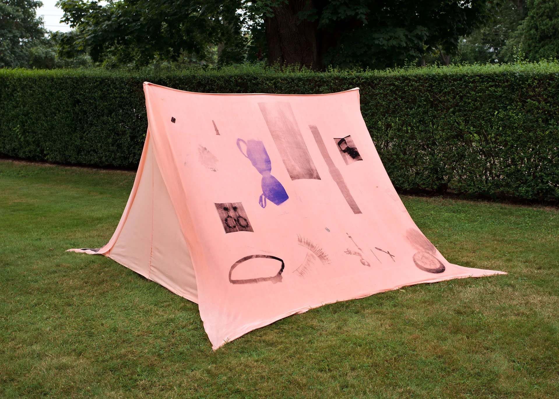 Servane Mary Untitled (Tent), 2012 silkscreen on slinky fabric, wood stick 52 x 74 x 75 inches