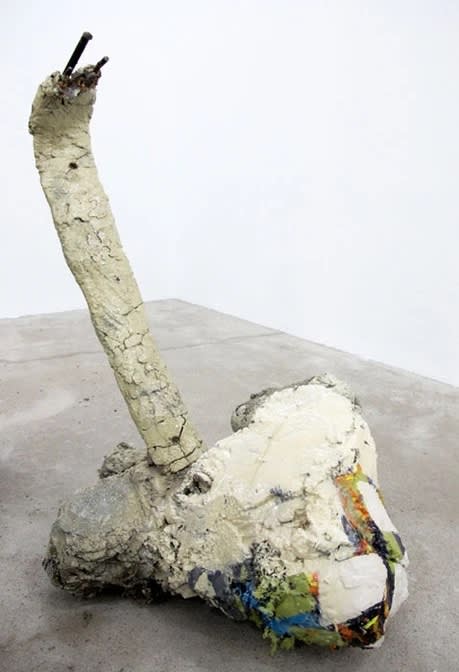 Jo Nigoghossian Detailer, 2011 knit panda head hat, chicken wire, concrete, steel, burlap, spray paint, house paint, resin 39 x 18 x 28 in