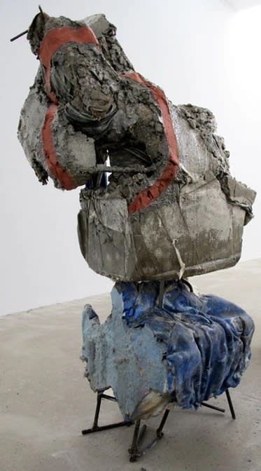 Jo Nigoghossian Flakes, aka Blockie, 2011 cast concrete, steel, snowflake fleece, sari, spray paint, house paint, burlap, resin 56 x 20 x 27 in