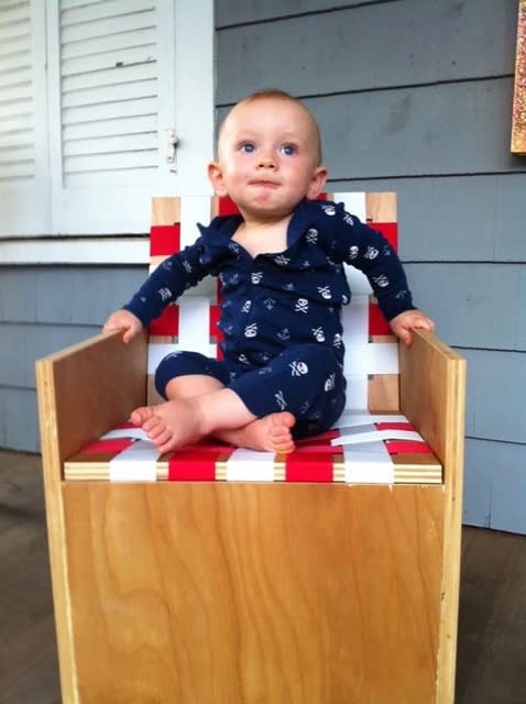 Julian Martos on Mary Heilmann Clubchair 45, 2008 unpainted wood and polypropylene webbing 26.25 x 17.5 x 17.5 in