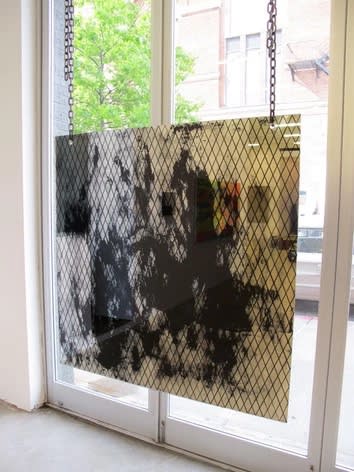 Davina Semo LET’S TWITCH THE CURTAIN JUST A BIT AND LOOK AT THE DARKNESS BEHIND IT, 2011 distressed etched mirror with enamel paint, steel chain 36 x 36 in