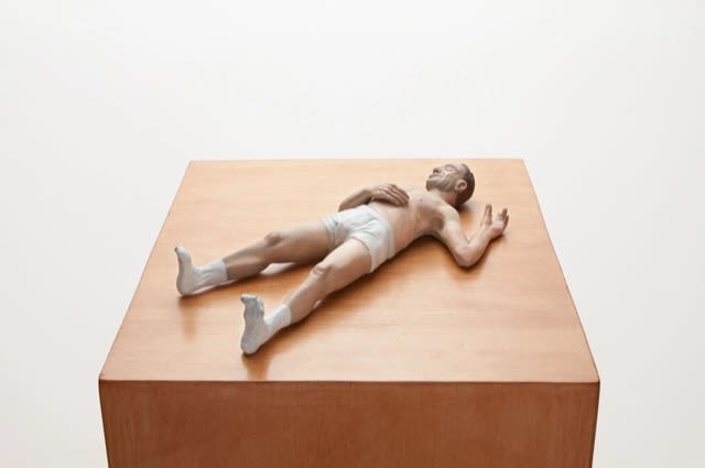 ERIC WESLEY New Realistic Figures (Sleeping): Gilles, 2009/2015 Paint and plastic on stained maple pedestal Figure: 3 1/2 x 8 1/2 x 14 in (8.9 x 21.6 x 35.6cm) Pedestal: 56 x 11 1/2 x 11 1/2 in (142.2 x 29.2 x 29.2cm)