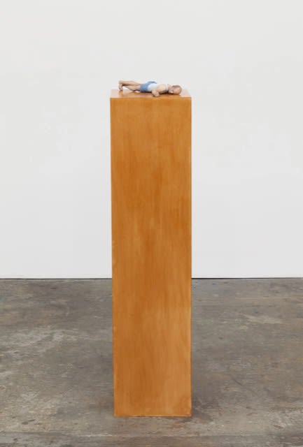 ERIC WESLEY New Realistic Figures (Sleeping): Michel, 2009/2015 Paint and plastic on stained maple pedestal Figure: 3 1/2 x 8 3/4 x 18 in (8.9 x 22.2 x 45.7cm) Pedestal: 56 x 11 1/2 x 11 1/2 in (142.2 x 29.2 x 29.2cm)