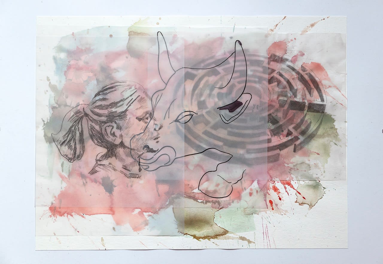 Aura Rosenberg He Didn’t Want To Get Out, 2020 Watercolor, pencil, marker on vellum and watercolor paper 12 1/8 x 17 in 30.8 x 43.2 cm