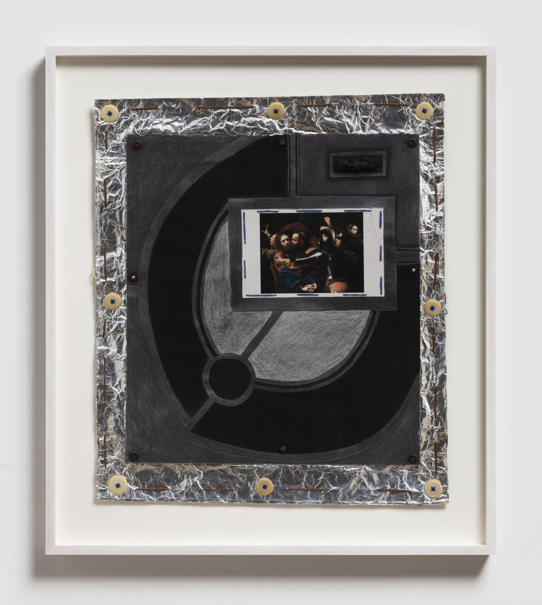 Arthur Simms Black Caravaggio, Dublin 2008, 2008 Artist's hair, charcoal, buttons, thread, graphite, postcard, glue, and tin foil 26 x 23 in 66 x 58.4 cm