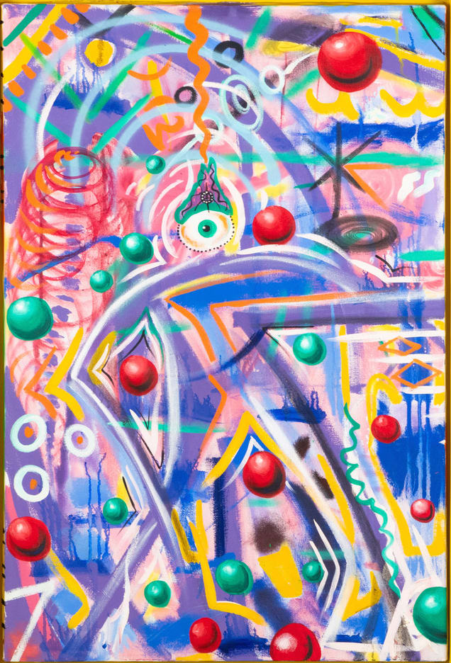 Kenny Scharf Weirdone, 1984 Oil and acrylic on canvas in artist-painted wood frame Signed, titled and dated on reverse. 46 1/4 x 37 1/4 in 117.5 x 94.6 cm (ScK_25_002)