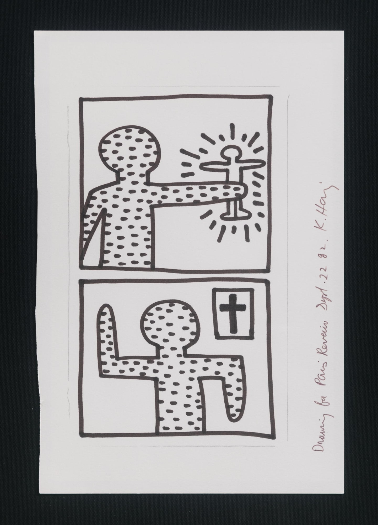 Keith Haring Drawing for Paris Review, 1982 felt pen on paper 10 3/4 x 7 1/4 in 27.3 x 18.4 cm 27 1/2 x 24 in (framed) 69.8 x 61 cm (framed) (KH_099)