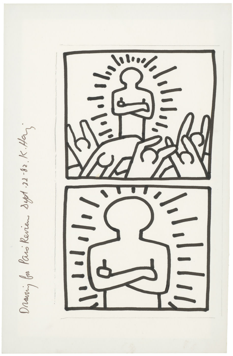 Keith Haring Drawing for Paris Review, 1982 black felt tip pen and pencil on light wove paper 11 x 7 1/8 in 28 x 18 cm 12.25 x 16 in (framed) 31.1 x 40.6 cm (framed) (KH_101)