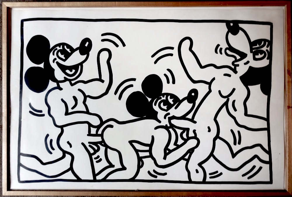 Keith Haring Mickey Mouse, Feb 8, 1983 Sumi ink on paper 23 x 35 in 58.4 x 88.9 cm Signed and dated on verso: “K. Haring Feb 8 – 1983” Dedicated: “For Christopher” (with image of a baby kneeling) (KH_268)