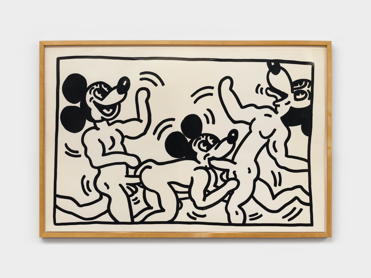 Keith Haring Mickey Mouse, Feb 8, 1983 Sumi ink on paper 23 x 35 in 58.4 x 88.9 cm Signed and dated on verso: “K. Haring Feb 8 – 1983” Dedicated: “For Christopher” (with image of a baby kneeling) (KH_268)