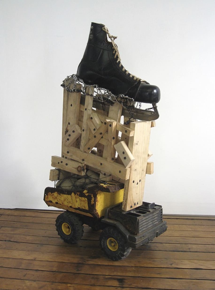 Arthur Simms Left Foot, One Halo, 2010 Ice skate, wire, stones, metal, wood, toy truck, and screws 33 x 17 x 8 in 83.8 x 43.2 x 20.3 cm (SiA_23_002)