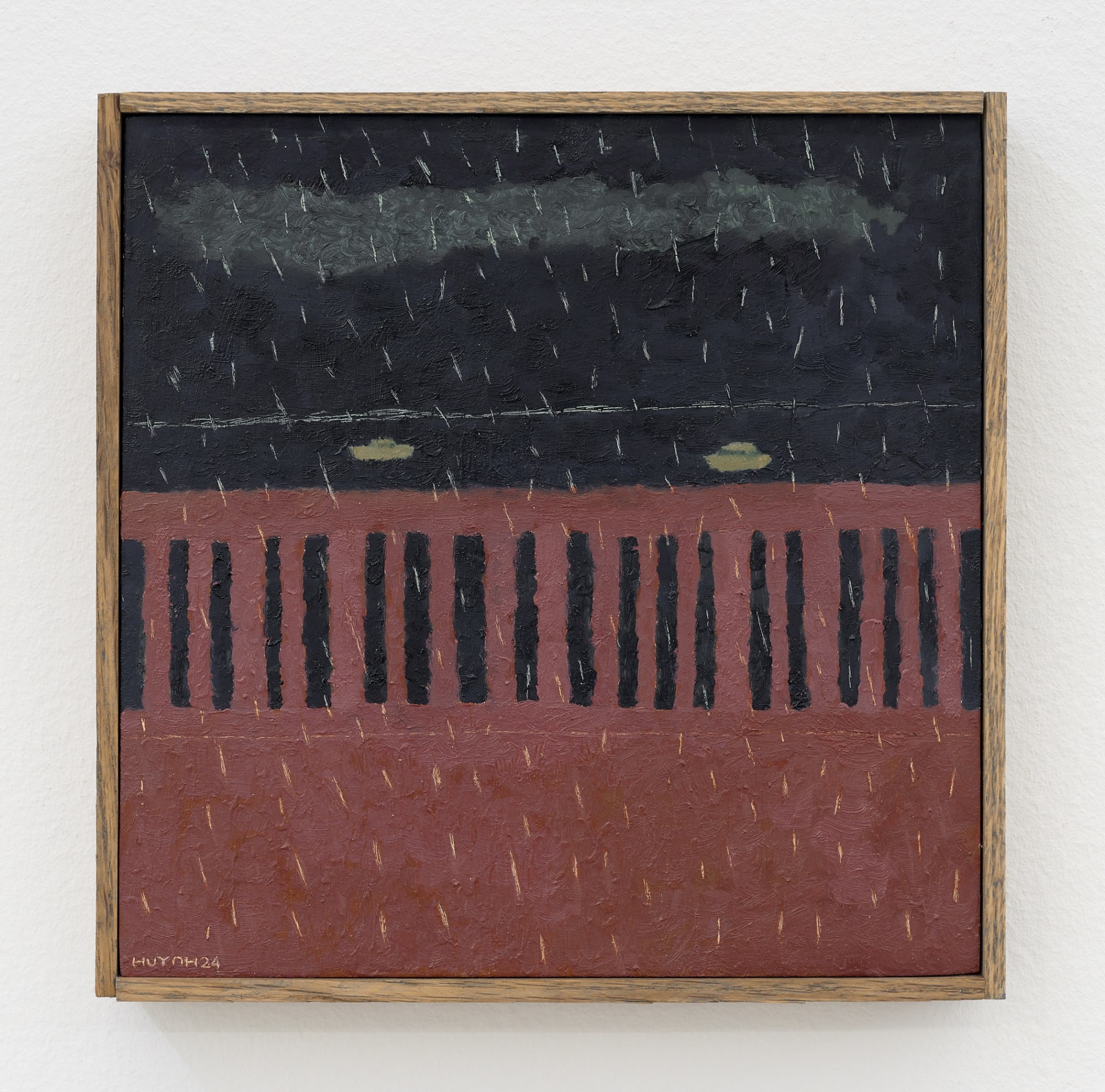 Tony Huynh Rain at the Pier, 2024 oil on panel, in artist's frame panel: 10 x 10 in. (25.4 x 25.4 cm.) framed: 10 1/2 x 10 1/2 in. (26.7 x 26.7 cm.)