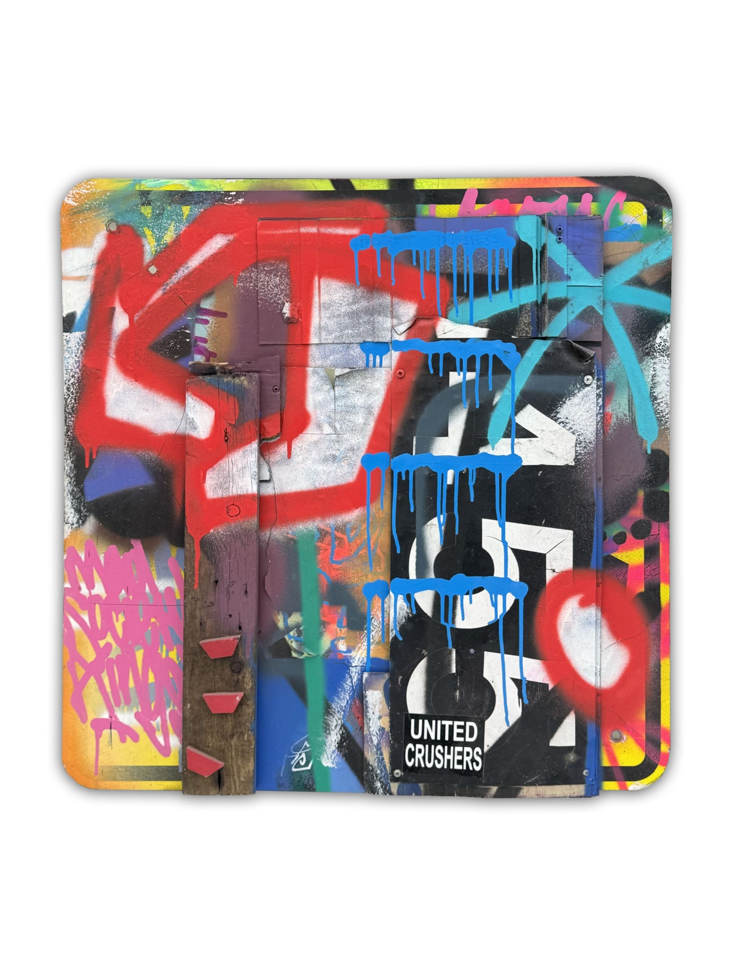SHOCK UC MSK : Mixed media assemblage on industrial sign