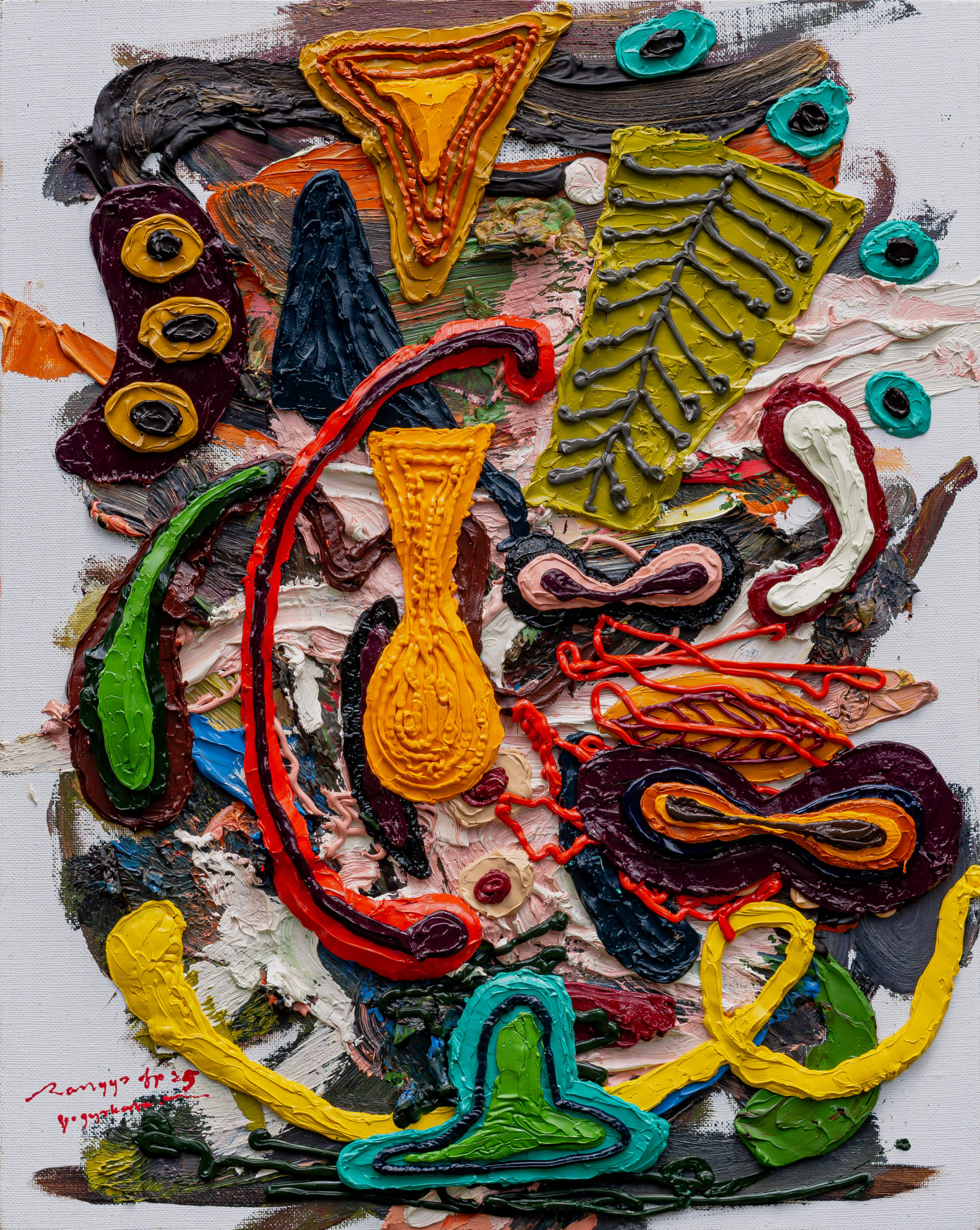 Rangga Aputra, Hat, leaf and many things, 2025, Oil on linen, 50 × 40 cm