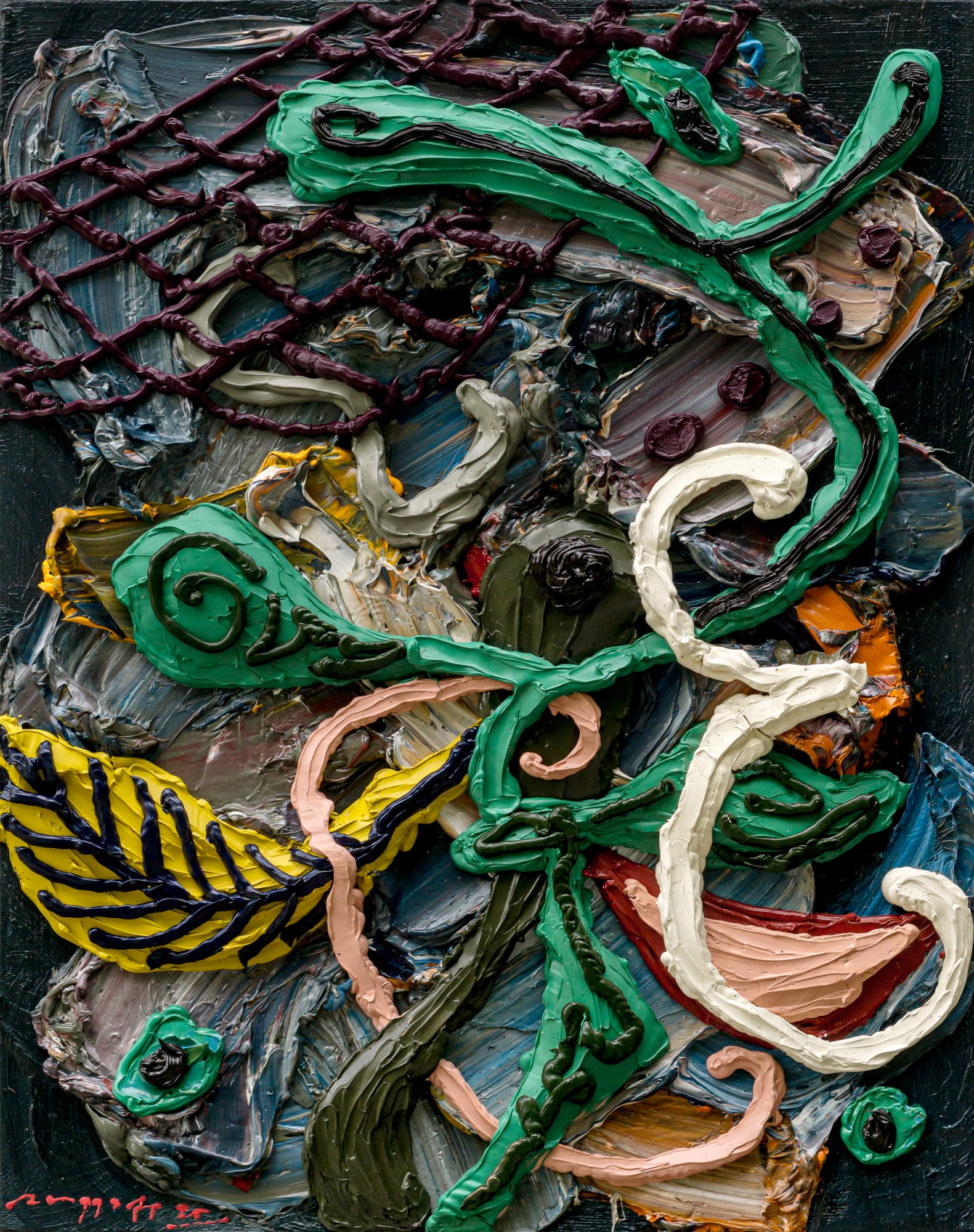 Rangga Aputra, Untitled (green on black), 2025, Oil on linen, 40 × 30 cm