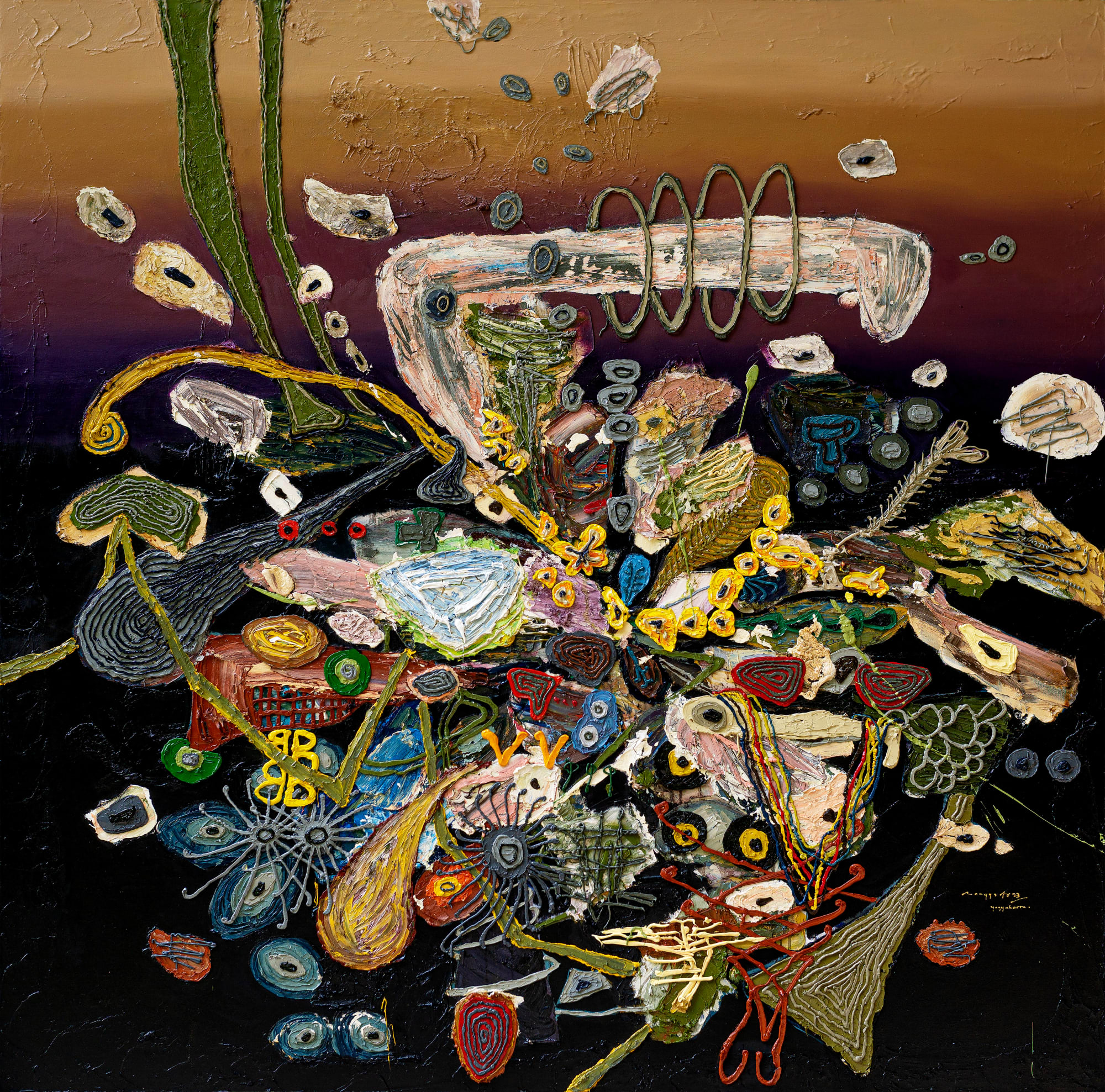 Rangga Aputra, Softly Collide Under The Dawn Sky, 2023, Oil on canvas, 150 × 150 cm