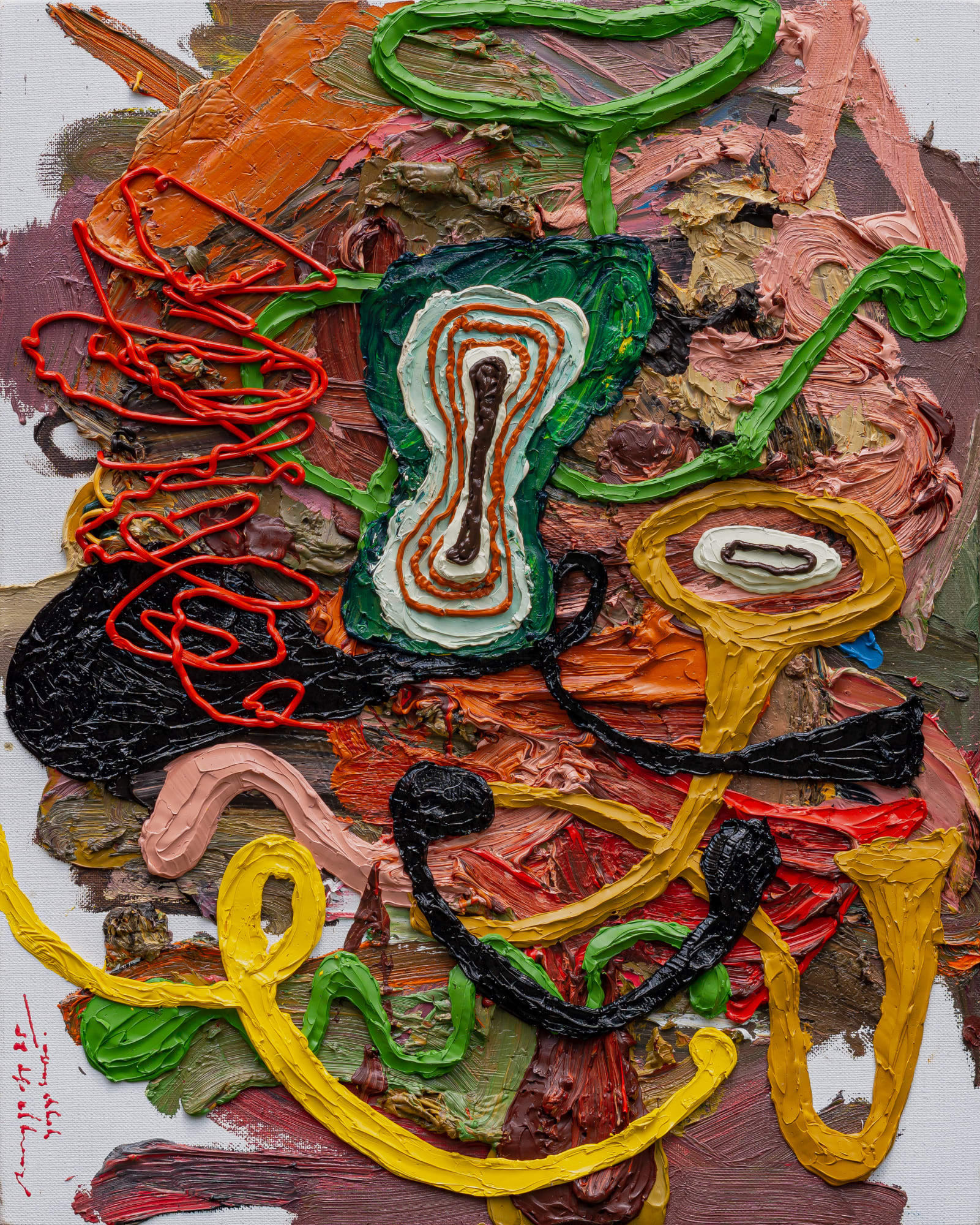 Rangga Aputra, Yellow worm, scarlet noodles and number 8, 2025, Oil on linen, 50 × 40 cm