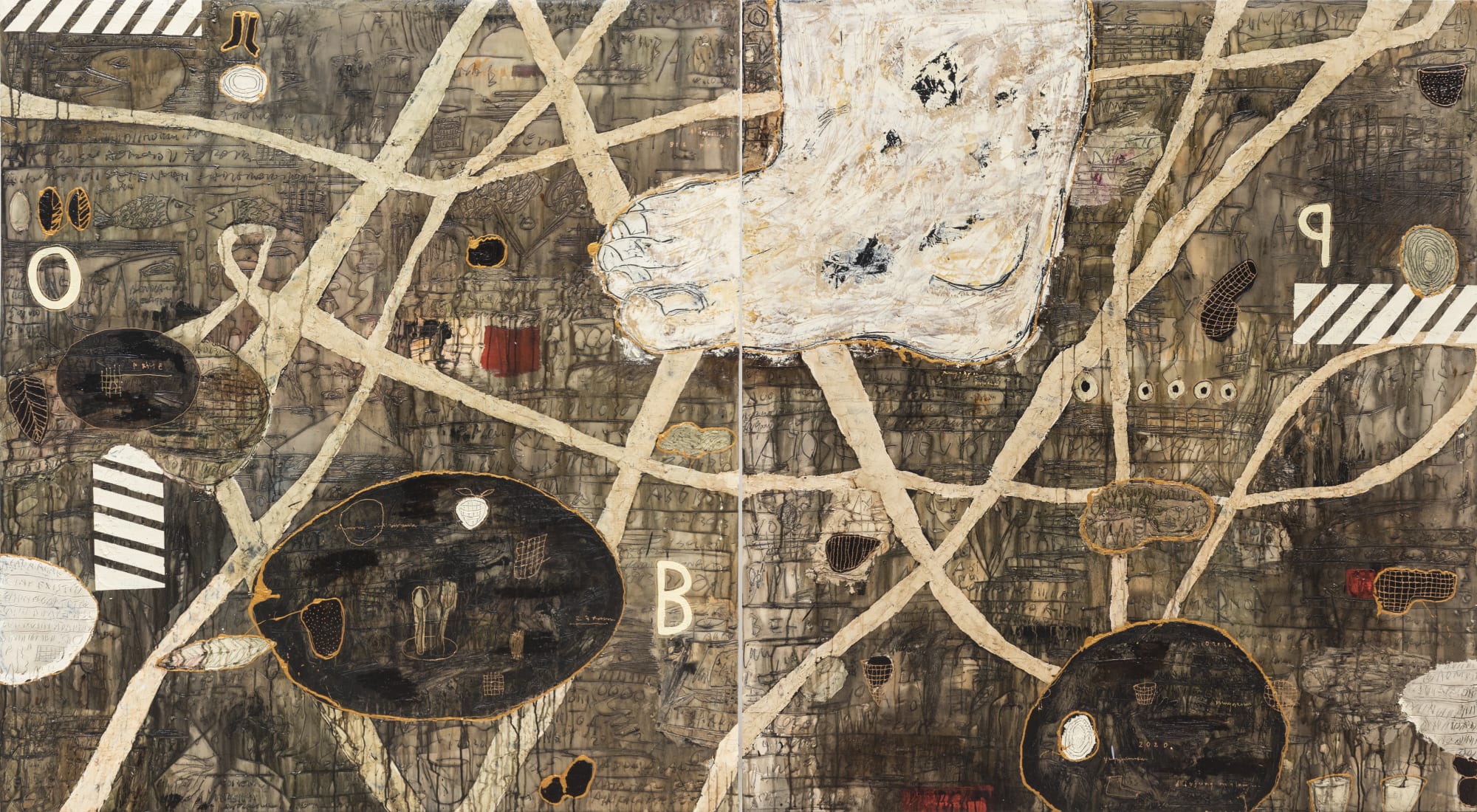 Rangga Aputra Contemplation (diptych) 2020 Acrylic bitumen carpaint on canvas 180 × 300 cm