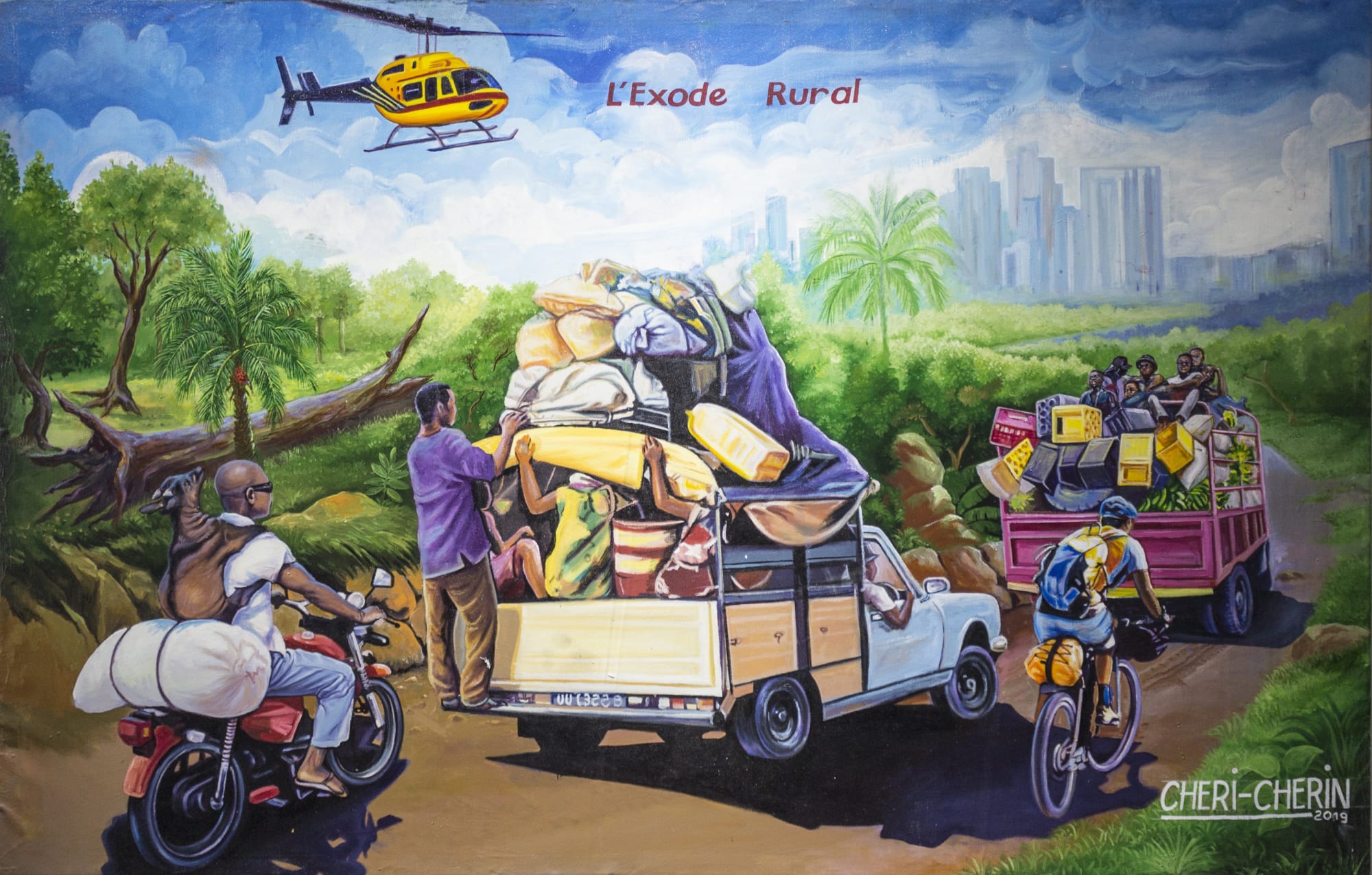 Chéri Cherin, (Joseph Kinkonda) L'exode rural 2019 Oil on canvas 126,5 × 196 cm