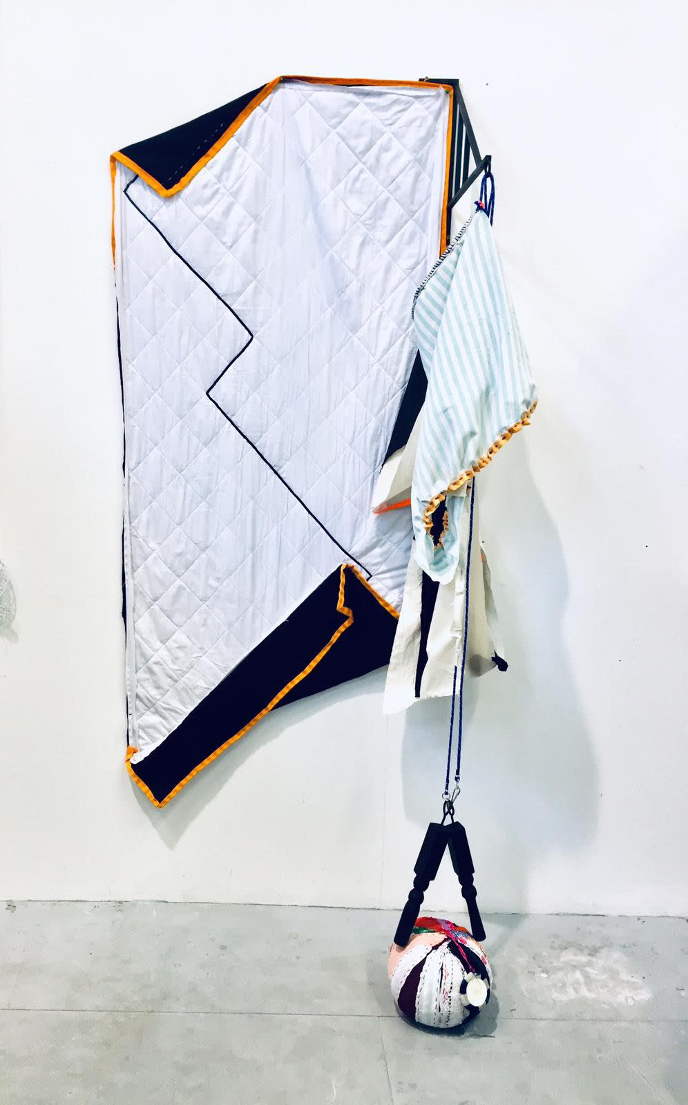 Januario Jano Broken bed nr. 2 2019 Fabric, Rope, Bed wooden leg, Steal grill, Bedding, Gelly Transfer onto canvas, Dye, Stitch, Sewing 230 × 60 × 95 cm