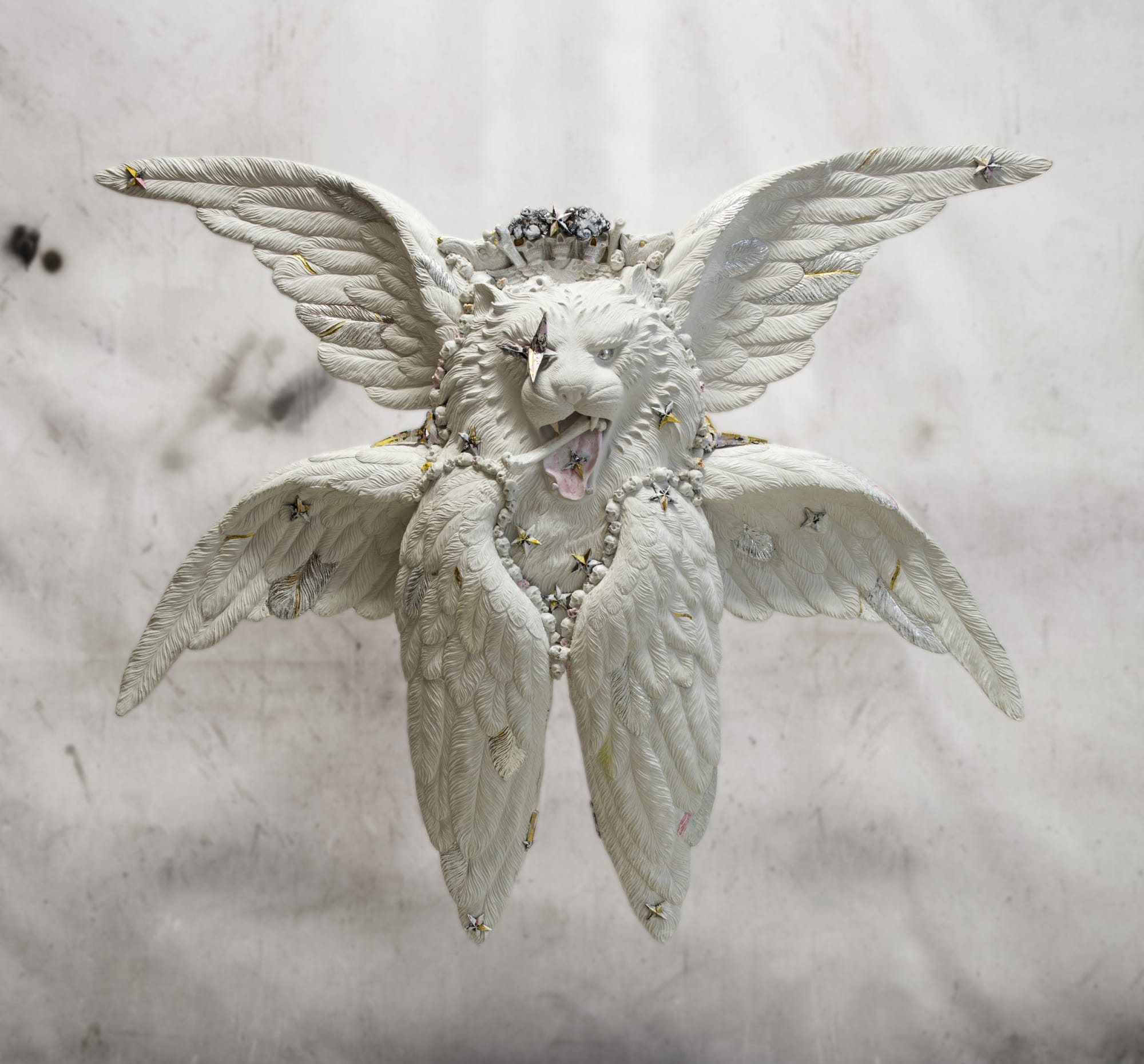 Ronald Ventura Mark 1 2018 Fiberglass resin, metal, acrylic, silver & gold leaf 130 x 150 x 25 cm