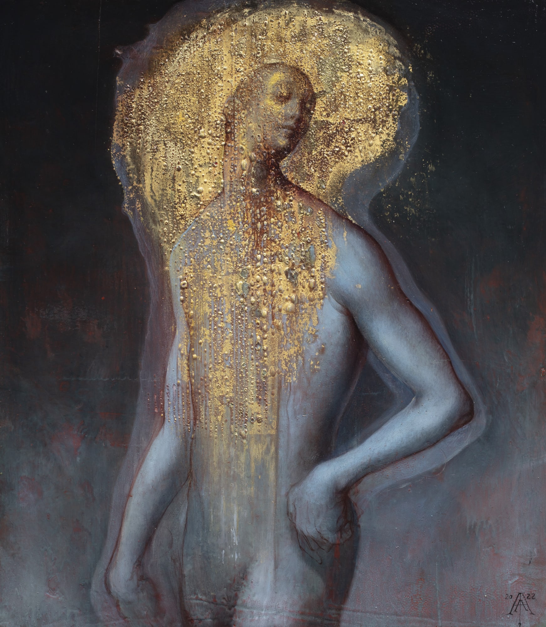 Agostino Arrivabene L'uomo blu 2022 Oil and gold leaf on wood 40 × 35 cm
