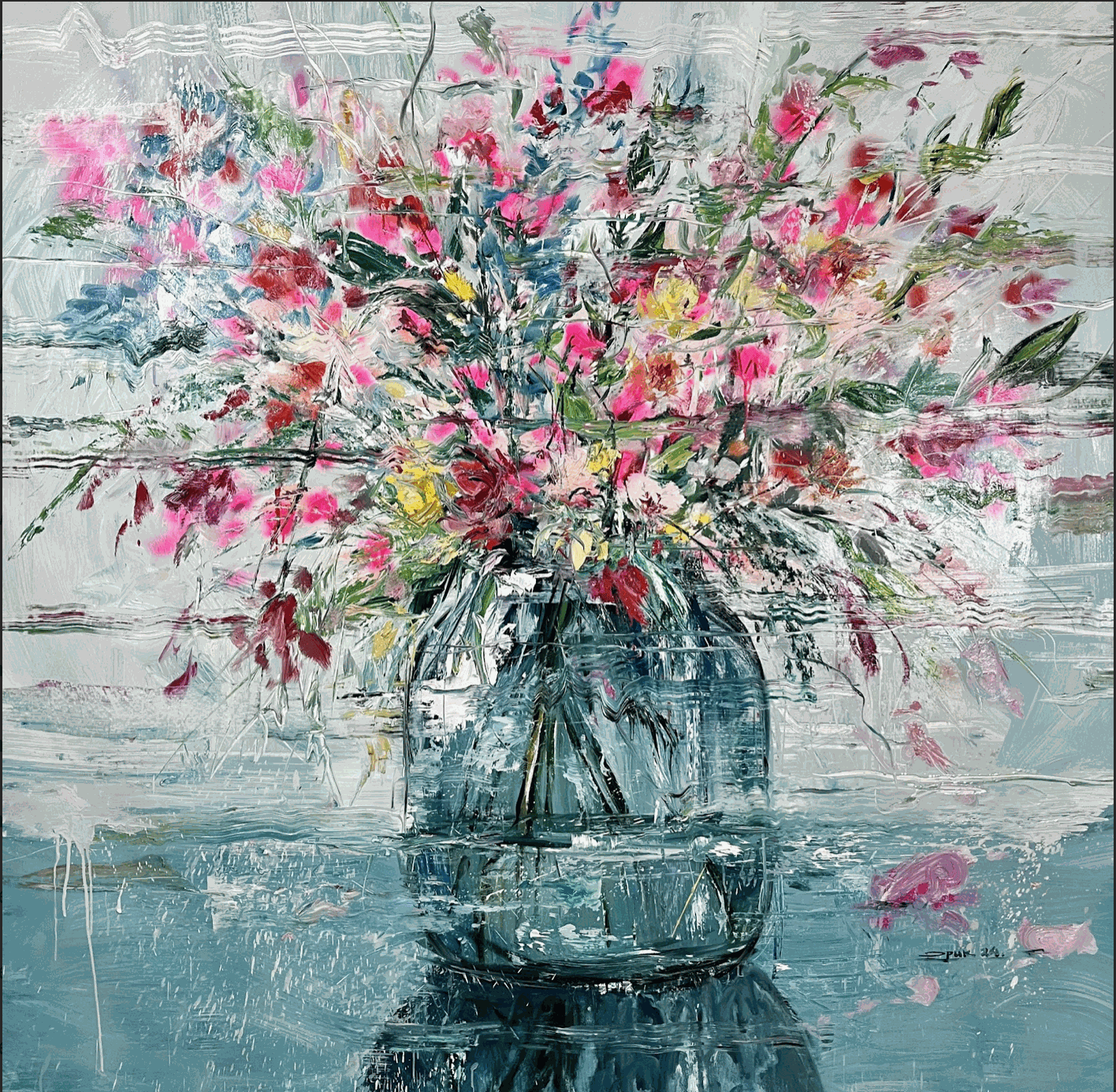 Artwork titled "A New Beginning" by Eric Alfaro picturing a bouquet of colorful flowers in a vase.