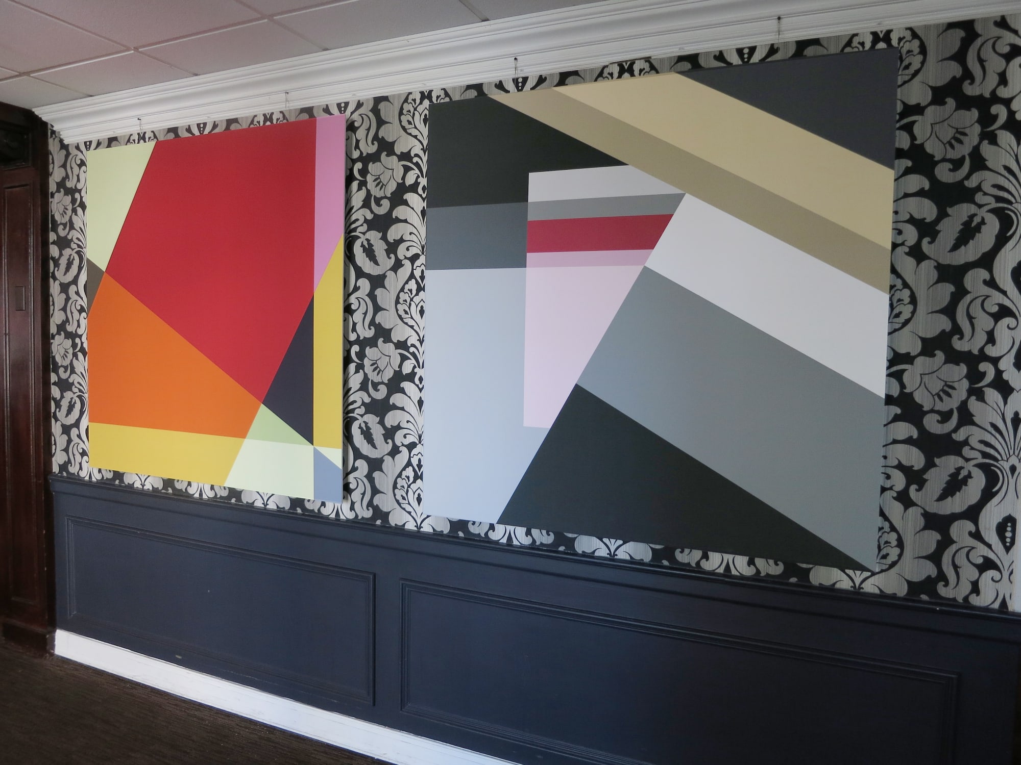 Candy + Interference, each 52x52 inches, unique pigment prints on canvas (by Adamson Editions), mounted on Dibond (by Image Impact), at (e)merge art fair, Oct 3-6, 203, Capital Skyline Hotel. The artist won a competition to transform this wall-papered wall.