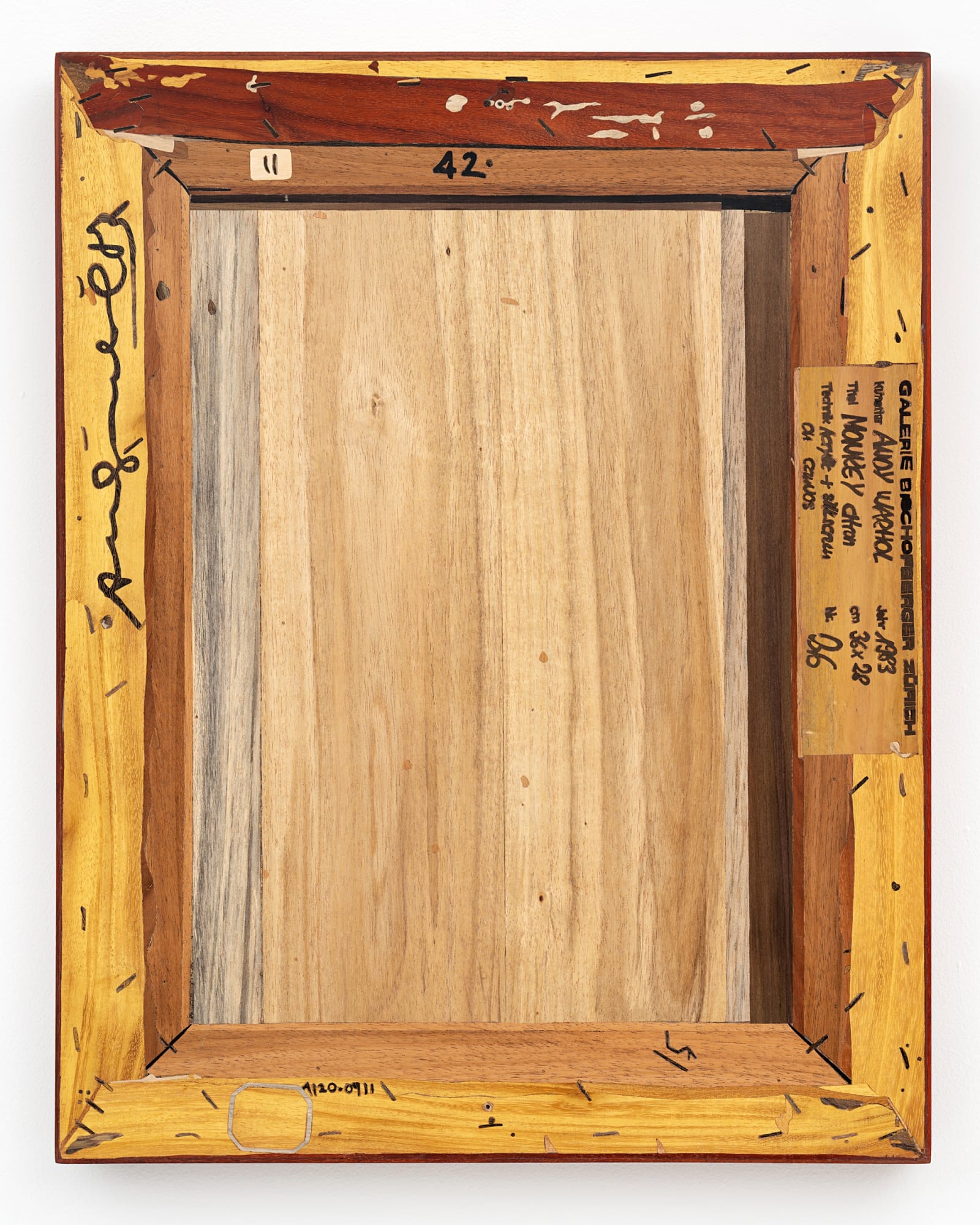 MICHAEL BÜHLER-ROSE Verso (Andy Warhol, Monkey (Toy Painting), 1983), 2025 Wood Intarsia/Inlay: Padauk, Pine, Slate Matti, Rosewood, Champa and Jackfruit woods 40.6 x 51.7 x 3.8 cm 16 x 20 3/8 x 1 1/2 in